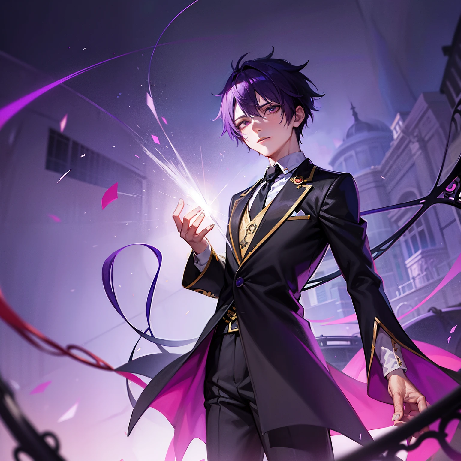 Anime character with purple hair and blue eyes, kaneki ken, kaworu nagisa, portrait gapmoe yandere grimdark, High quality anime art style, Gapmoe/hairstyle center part/grim dark, Anime Art Style,, purple haired madman, made with anime painter studio,adolable,Contrasty,Cold,backstage network city,black gold embroidered blazer,loss of love,emaciated,Villain,young master,wealthy,unholy,Black cat,solo person,Dark wind,Juvenile Sense,Faraway view,kabbalah tree of life,male people, delicate androgynous prince, beautiful androgynous prince,dark gold tie