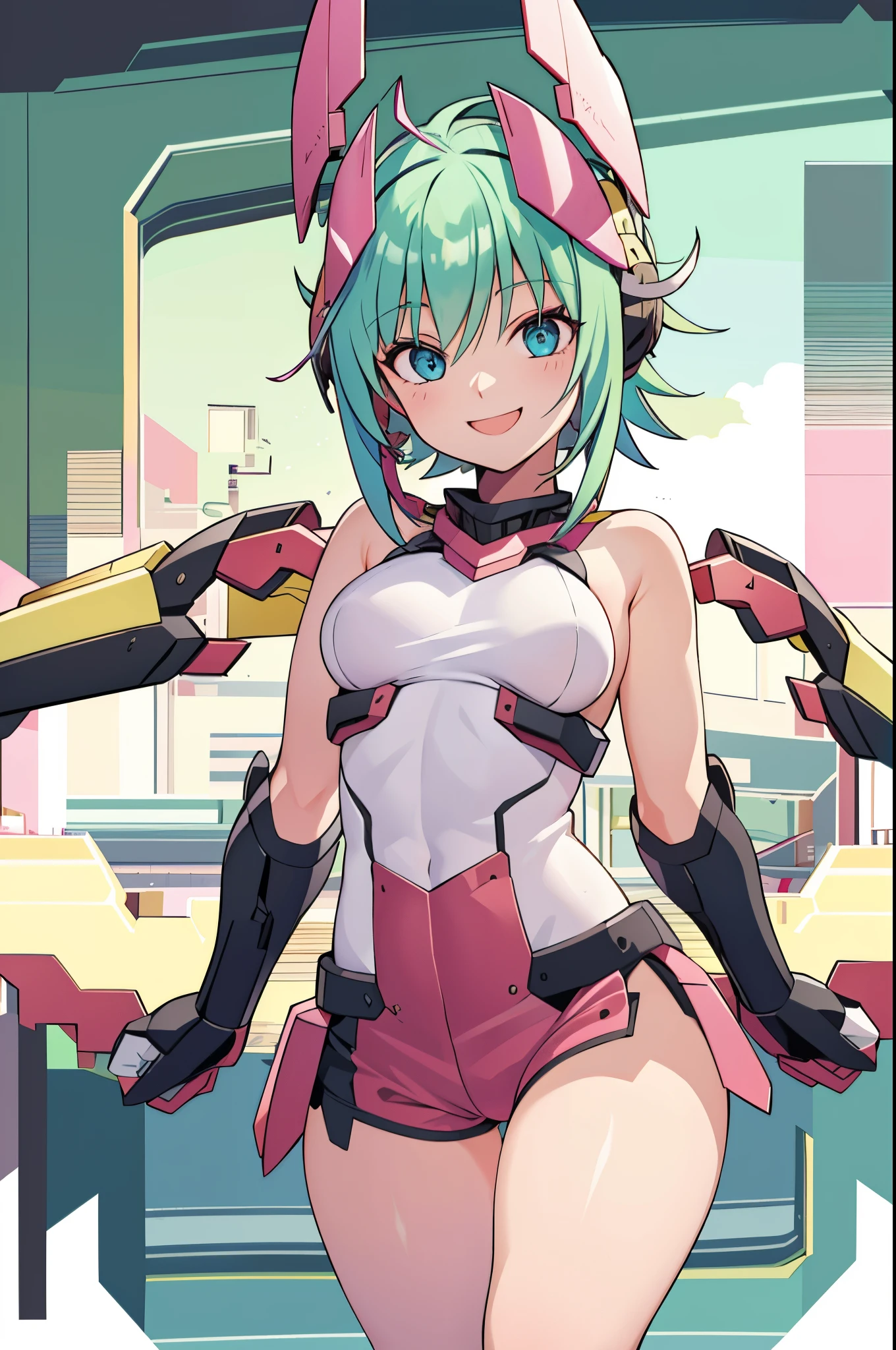 1 girl, dark pink brazier, demin shorts, sexy, smiling, green hair, blue eyes, mecha headgear, in a bed, erotic pose