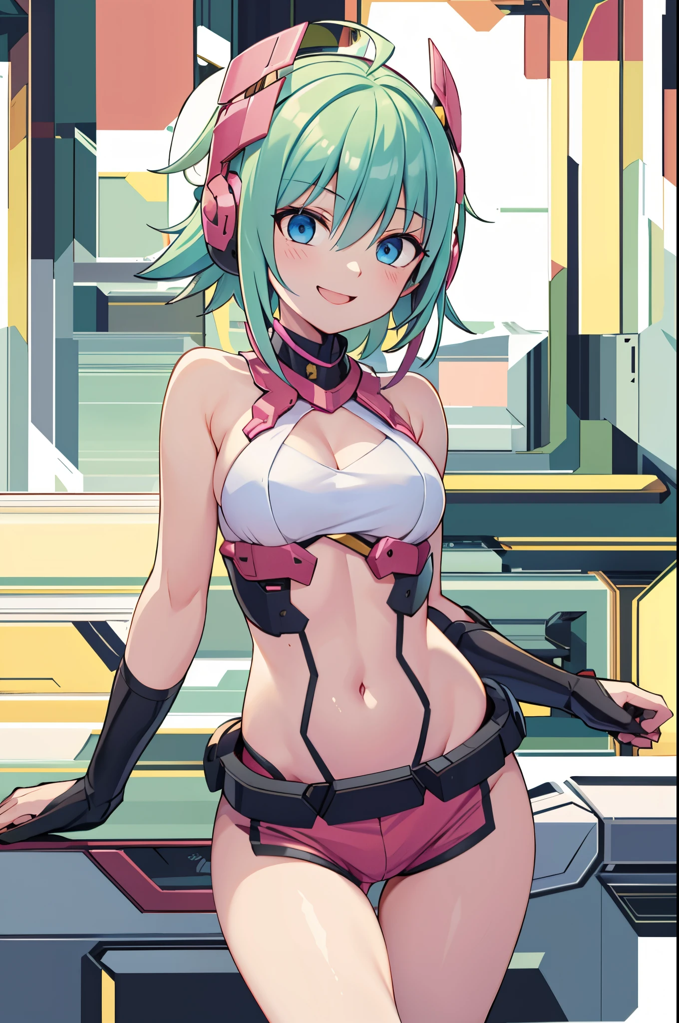 1 girl, dark pink brazier, demin shorts, sexy, smiling, green hair, blue eyes, mecha headgear, in a bed, erotic pose