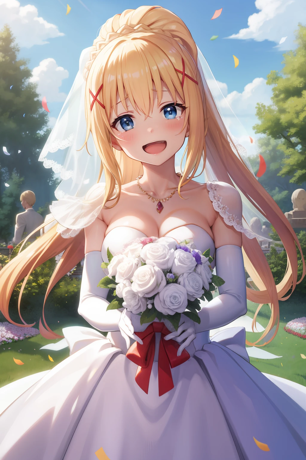 masterpiece, best quality, highres, aaichika, tiara, bridal veil, necklace, cleavage, wedding dress, strapless dress, white dress, white gloves, elbow gloves, garden on background, smile, open mouth, tears, upper body, confetti, holding bouquet, bouquet, long hair, blonde hair, x hair ornament, blue eyes, ponytail, hair ornament,