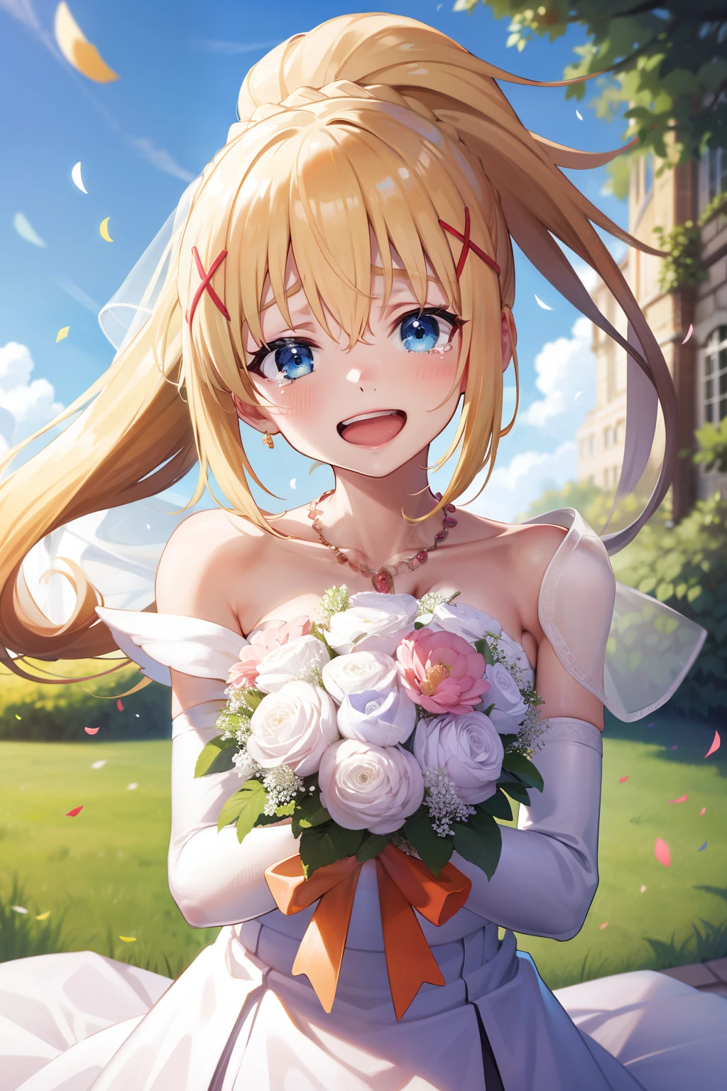 masterpiece, best quality, highres, aaichika,  tiara, bridal veil, necklace, cleavage, wedding dress, strapless dress, white dress, white gloves, elbow gloves, garden on background, smile, open mouth, tears, upper body, confetti, holding bouquet, bouquet, long hair, blonde hair, x hair ornament, blue eyes, ponytail, hair ornament,