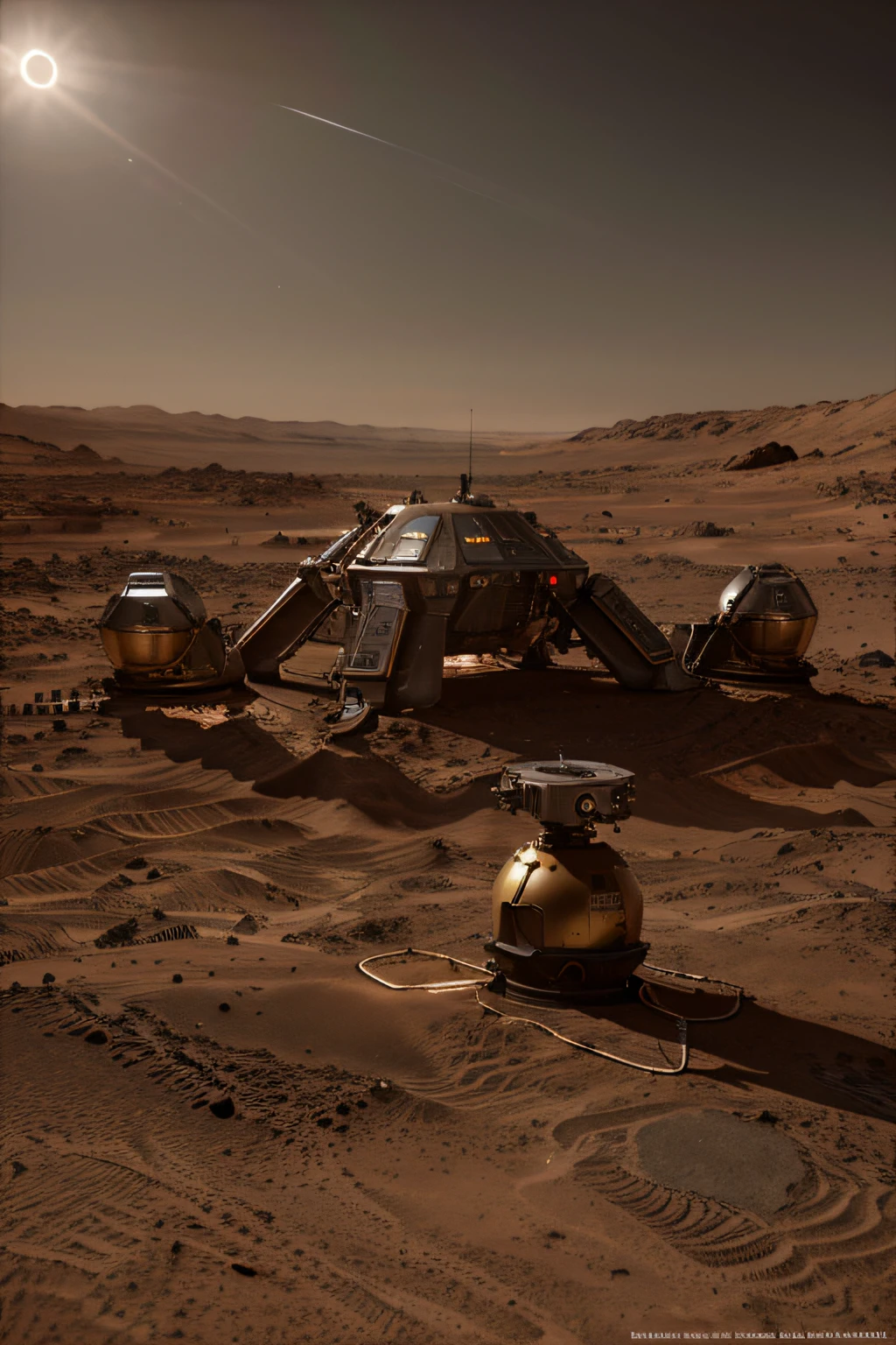 Advanced communication station on Mars, realistic metallic details, super realistic, bright picture, large wide angle, high reality, light and dark