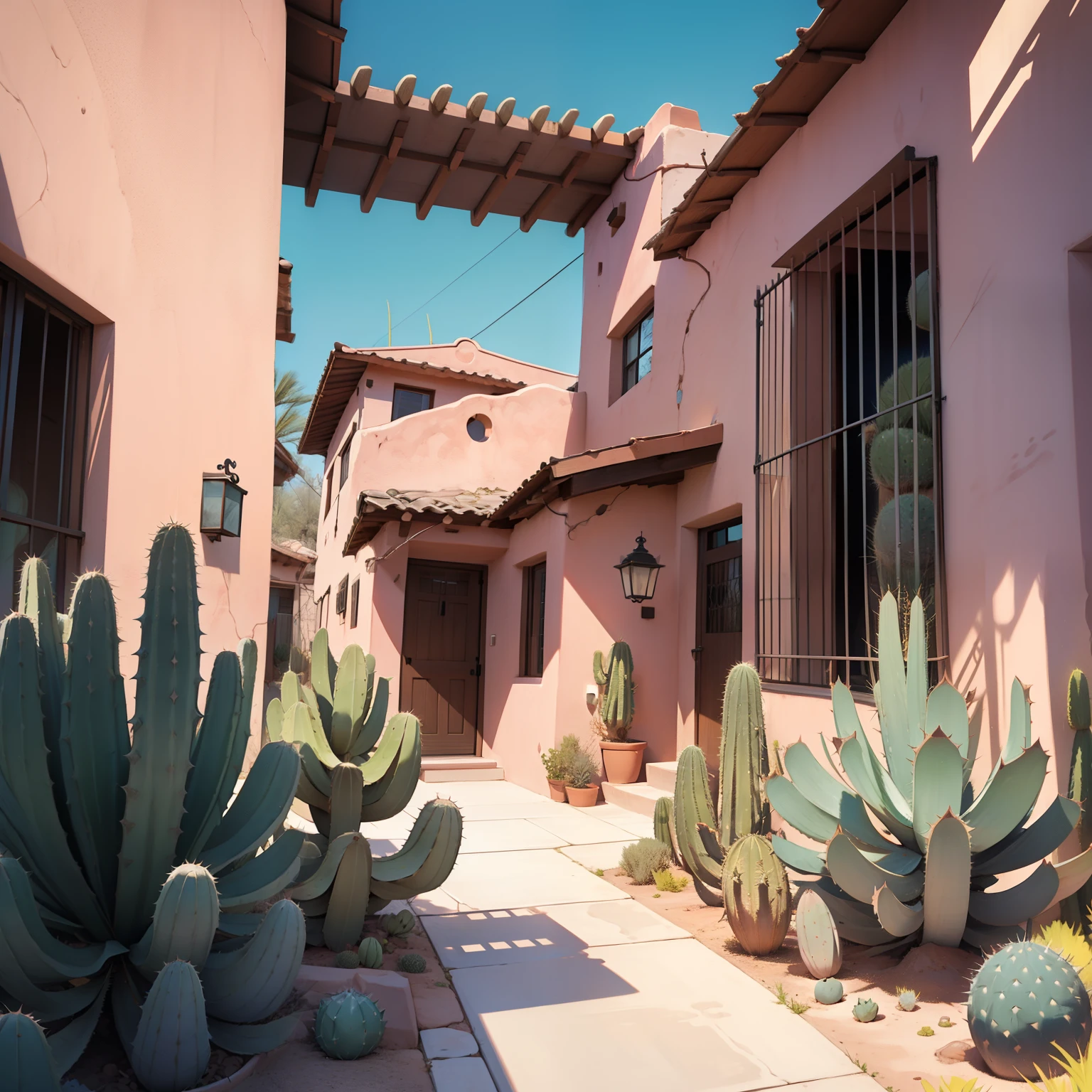 A pink stucco house surrounded by saguaros, prickly pears, and agaves, with Javelinas rooting in the bushes