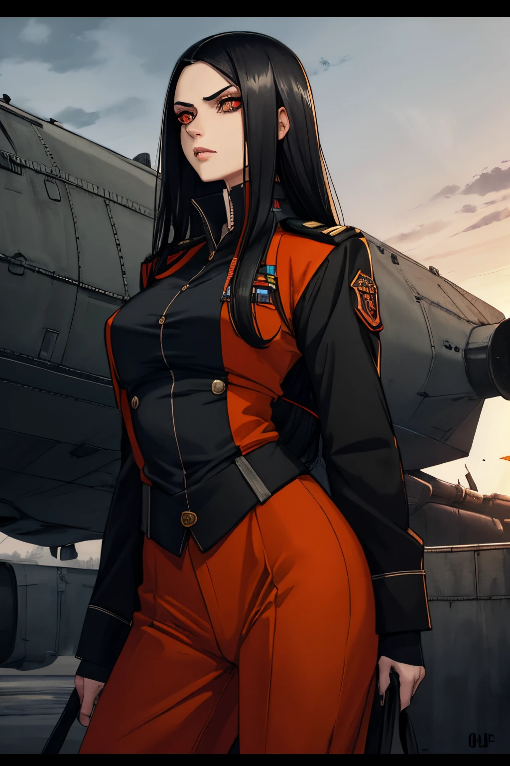 Long girl with white black hair of 17 years wears military costume, Capa naranja, Grandes ojos color avellana, Science-Fiction, dark mood, charturnerv2