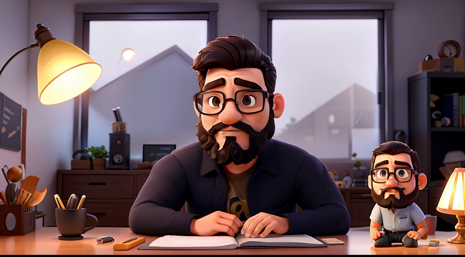Um homem de 30 anos cabelo preto e liso curto, com uma barba curta com um piqueno bigode, wearing glasses scenery in his home in the room illuminated by the light of a lamp