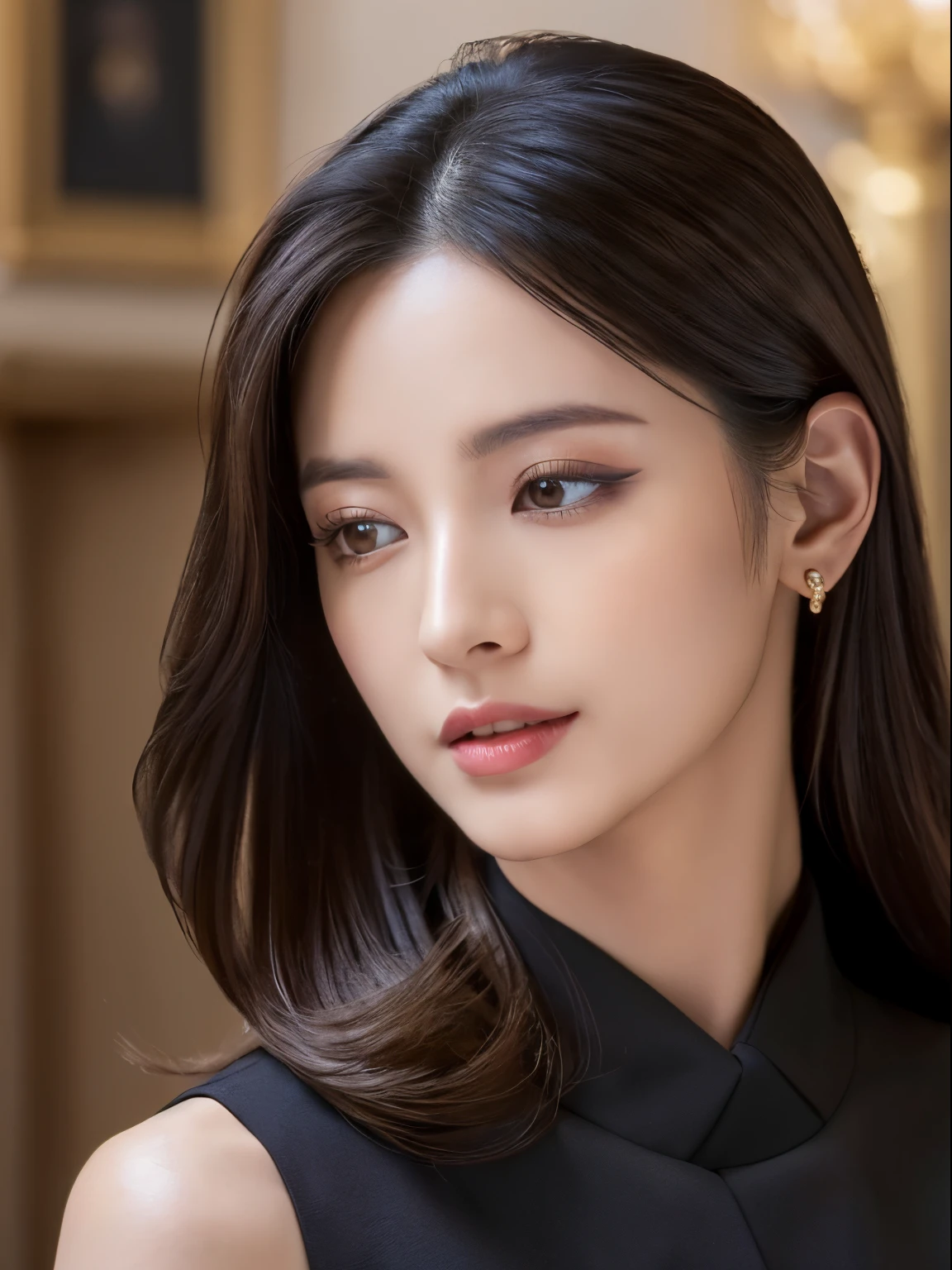 (64k uhd、nffsw、top-quality、masterpiece:1.2)、(realisitic、Photorealsitic:1.37)、elegant hairstyle portrait。Her hair is long and sleek.、rich black color。Makeup: lips and soft brown eyeshadow、Highlights an elegant and sophisticated look。wearing a chic dress。