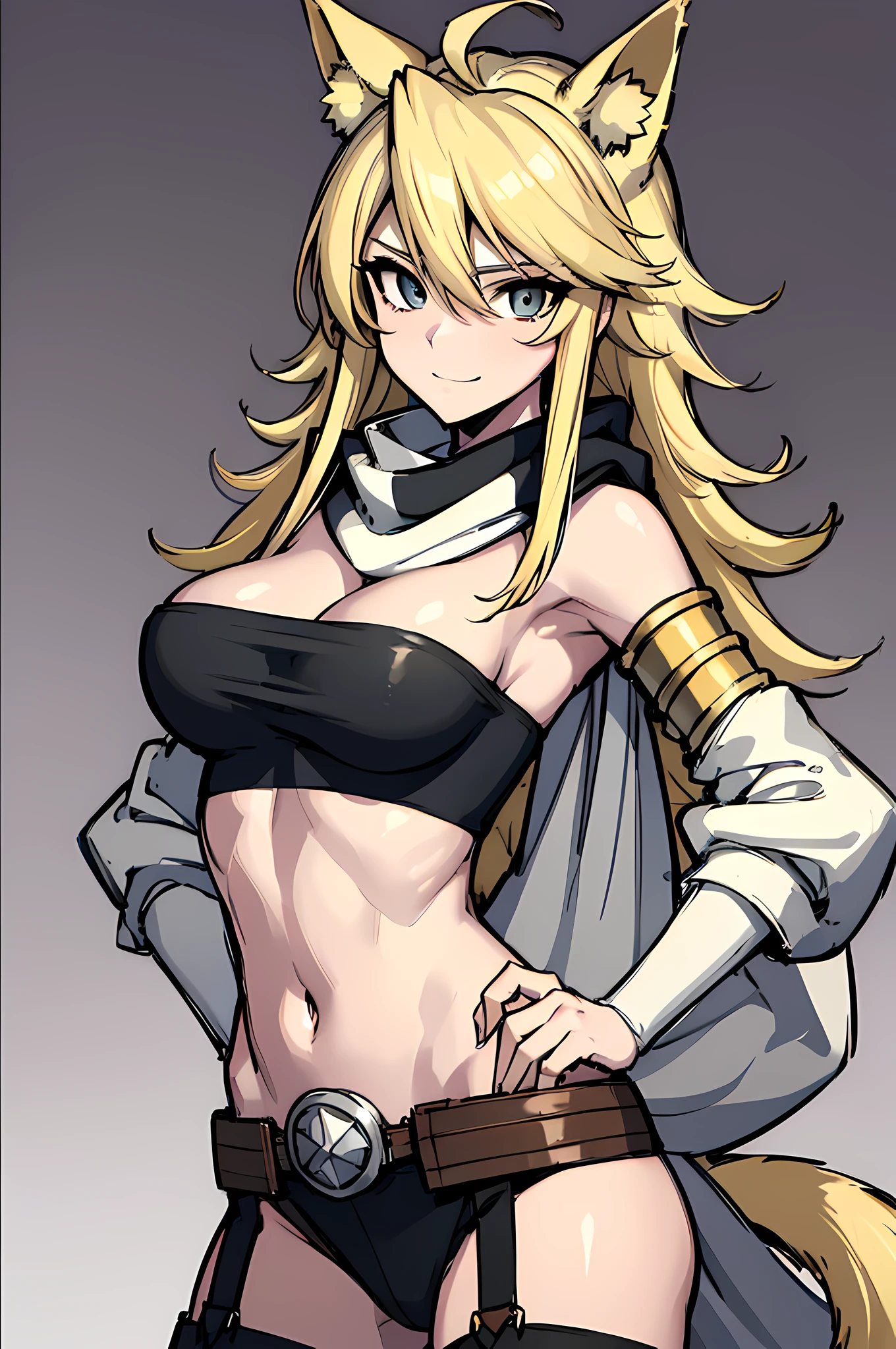 (absurdres, 8k, 4k, masterpiece, hyper extreme detailed:1.2), solo, front view portrait, best quality, portrait, solo, adult, cowboyshot, perfect anatomy, 1girl, perfect face, expressive eyes, perfect eyes, (masterpiece, best quality:1.2), leone, smile, arms behind head, blonde hair, cat ears, strapless, detached sleeves, scarf, belt, tail, midriff, large breasts, hands behind head, sarcastic, friendly, snarky, toned, muscular, athletic, dynamic pose, perfect face, belt, wind, windy hair, moving hair, moving clothes, flowing, messy hair, very long hair, closed mouth, hand to hip,