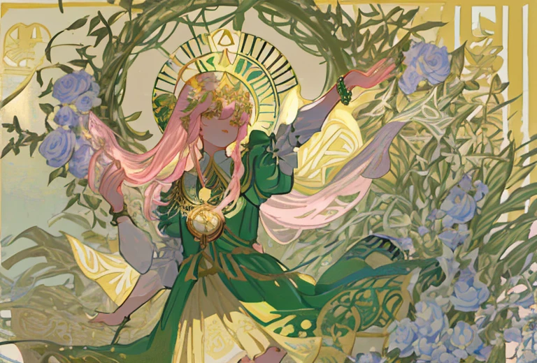 tmasterpiece、topquality、Alphonse Mucha、Jugendstil、 (Tarot card style:1.3)、Unique Tarot Card Structure, including floral and green elements、 blunt bangs、Long hair with pink double ponytails,,,、Upper torso、looking at the viewers、 In the middle of a green garden、Mysterious girl in a floral dress、Enjoy the sunshine, which illuminates flowering plants and ancient tarot symbols.、Dance with Unearthly Creatures。 roses、lily、Cherry trees、calamus、leaves、moss、vine、Elegant dresses, Inspired by nature、Necklace with flowers and leaves、耳环、circlet、A bracelet、hair ornaments、Butterflies、bird、bee、Tarot symbols, Reimagined with floral and green ornaments、godesses、Flower Garden、woods、Natural background, like a, For example, shore of the lake、Efficient use of light and shadow、 Realistic & Ультрареалистичный 3D、zentangle、