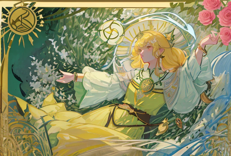tmasterpiece、topquality、Alphonse Mucha、Jugendstil、 (Tarot card style:1.3)、Unique Tarot Card Structure, including floral and green elements、 blunt bangs、Long hair with pink double ponytails,,,、Upper torso、looking at the viewers、 In the middle of a green garden、Mysterious girl in a floral dress、Enjoy the sunshine, which illuminates flowering plants and ancient tarot symbols.、Dance with Unearthly Creatures。 roses、lily、Cherry trees、calamus、leaves、moss、vine、Elegant dresses, Inspired by nature、Necklace with flowers and leaves、耳环、circlet、A bracelet、hair ornaments、Butterflies、bird、bee、Tarot symbols, Reimagined with floral and green ornaments、godesses、Flower Garden、woods、Natural background, like a, For example, shore of the lake、Efficient use of light and shadow、 Realistic & Ультрареалистичный 3D、zentangle、