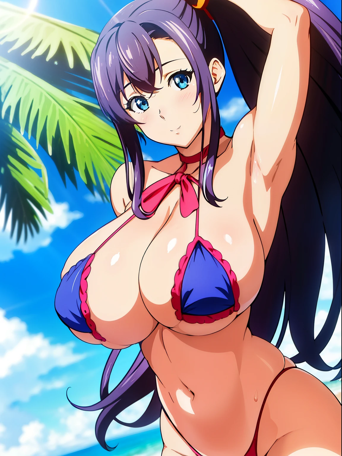 Beach,Palm Tree, Sun,Sea,Blue sky, 鎖骨, Bare shoulders, Blue eyes, Purple hair, Bangs,Side Ponytail, Hair Ornament, 1 girl, 20yr old,infp young woman,Beautiful Finger,Beautiful long legs,Beautiful body, Beautiful nose,Beautiful character design, Perfect eyes, Perfect face,Expressive eyes,Perfect balance, Looking at Viewer,(Focus on her face),Closed mouth, (Innocent_Big_Eyes:1.0),(light_Smile:0.3), Official art,Highly detailed CG Unity 8K wallpaper, Perfect Lighting,Colorful, Bright_front_Face_Lighting,White skin, (masutepiece:1.0),(best_quality:1.0), 超A high resolution,4K,Ultra-detailed, Photography, 8K, nffsw, hight resolution, absurderes:1.2, Kodak Portra 400, Film grain, Blurry background, Bokeh:1.2, Lens Flare, (Vibrant_Color:1.2),professional photograpy, (Beautiful,Chest bare,teats,huge tit:1.6), (Beautiful_Face:1.5),(narrow_waist), (Standing Picture),