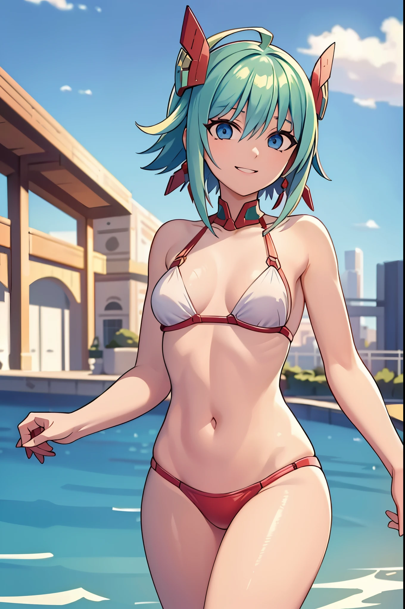 , (best quality,4k,8k,highres,masterpiece:1.2),ultra-detailed,realistic,beautiful detailed eyes,beautiful detailed lips,extremely detailed eyes and face,longeyelashes,portraits,red bikini, blue demin short,green hair, short hair,blue eyes,red mecha headgear,small breasts,smiling,piscina,sharp focus,vivid colors, full body in frame, light source in front of character, less shadow