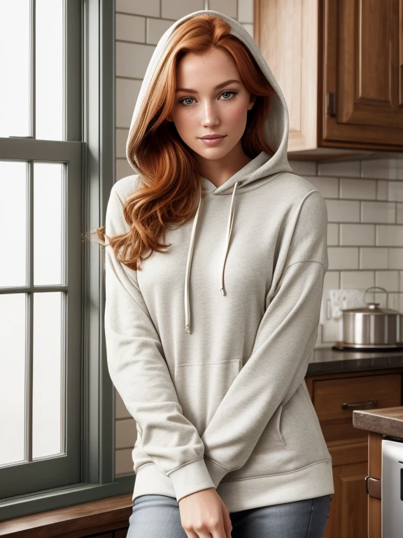 1girl in, age19, Solo, Aesthetic artwork, irish redhead, wavy ginger hair, shoulder length ginger hair, gray eyes, light grey eyes, some small freckles, pale skin, A-cup, small breasts, runners body, hair away from sweatshirt, fullbody shot, front view, perfect tense, (textured skin, skin pores:1.1), (moles:0.8), imperfect skin, goosebumps, highly detailed lady perfect five fingers on each hand, 2 hands, in a highly detailed farmhouse kitchen decorated in the style of Joanna Gaines with a window, coffee, joyful, happy expression, (extremely detailed 8k wallpaper), soft lighting, high quality, film grain, Fujifilm XT3 sharp focus, f 5.6, 50mm, High Detail, Sharp focus,(natural light), (seductive), centered around model wearing a highly detailed crisp bright white color Lane Seven Unisex Premium Pullover Hooded Sweatshirt style LS14001 https://www.apparelbus.com/product/lane-seven-ls14001-unisex-premium-pullover-hooded-sweatshirt , oversized hoodie sweatshirt baggy, no string, (remove string), showing full view of chest area ironed sweatshirt flat fabric, model is standing proportionate to the kitchen, Realistic, ultra realistic, photo realistic, crazy details, complex details, hyper detailed, forward facing towards camera, no logo, no text, no signature, no embroidery, no print on sweatshirt,