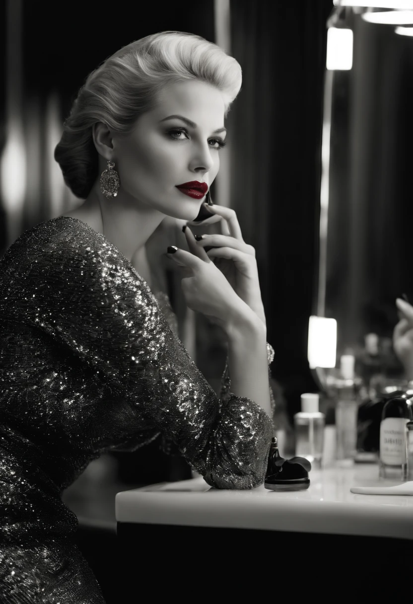 A black and white photo of Catherine sitting at a luxurious vanity, applying red lipstick with a smoldering gaze in the mirror.,Basic Instinct,Catherine Tramell, the enigmatic character from “Basic Instinct,” is portrayed with a striking and seductive appearance, characterized by her icy blonde hair, sharp features, and a confident, almost predatory poise. Her wardrobe is sophisticated and alluring, often consisting of sleek, form-fitting dresses that enhance her manipulative charm and commanding presence. Personality-wise, Catherine is intelligent, articulate,