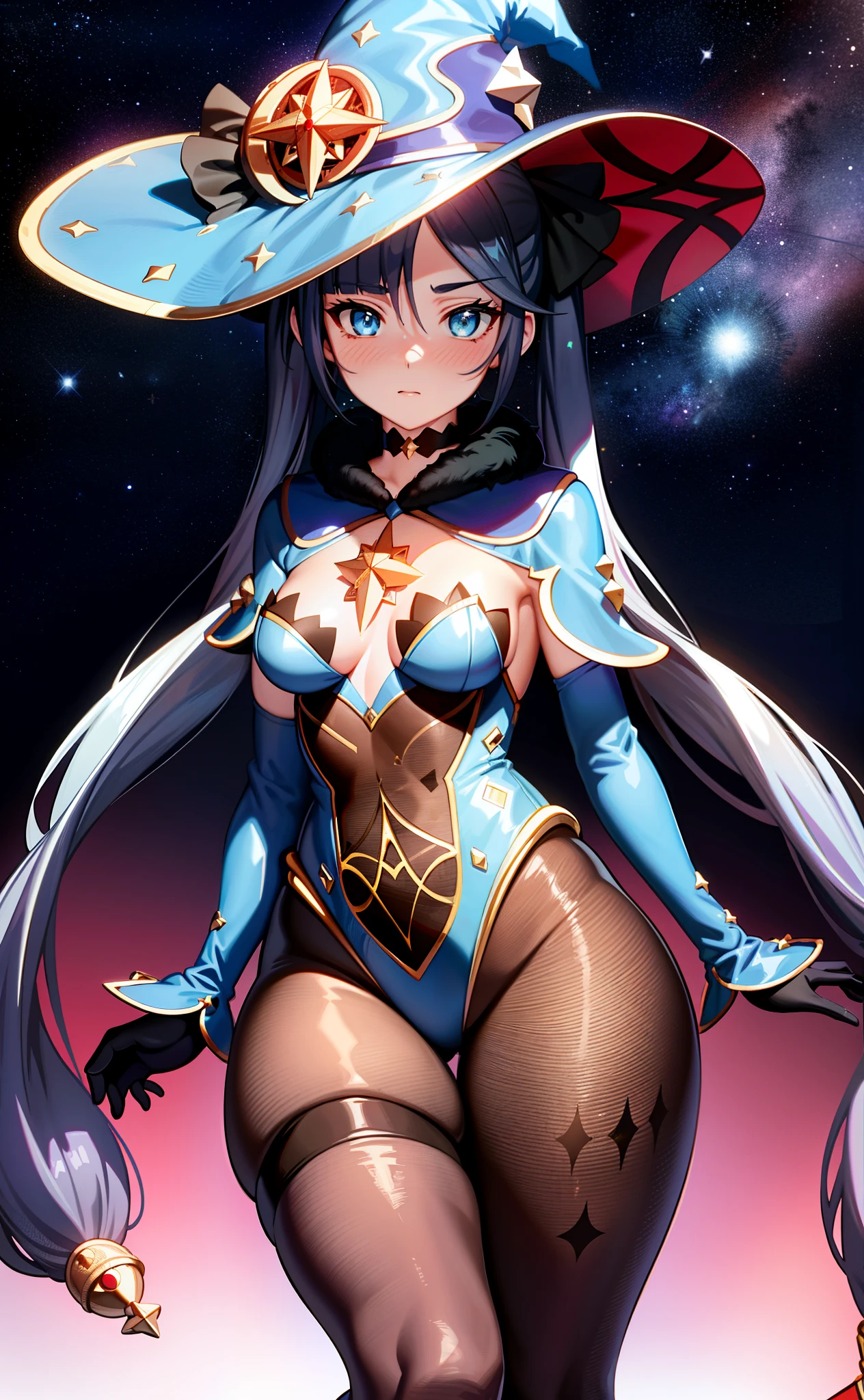 [mona_genshin], ((masterpiece)), ((HD)), ((beautiful render art)), ((solo portrait)), ((full body)), ((front view)), ((cinematic lighting)), ((anime)), ((detailed shading)), ((intricate details)), {(slim figure), (cute blue eyes), short eyelashes, long indigo hair, (twintails), (small boobs), (gorgeous wide hips), (thick thighs), (beautiful legs), (blushing), (expressionless)}, {(blue leotard), (witch hat), (opaque pantyhose), (black gloves)}, {(standing), (looking at viewer)}, [Background; (cosmic), (starry sky), (galaxy)]