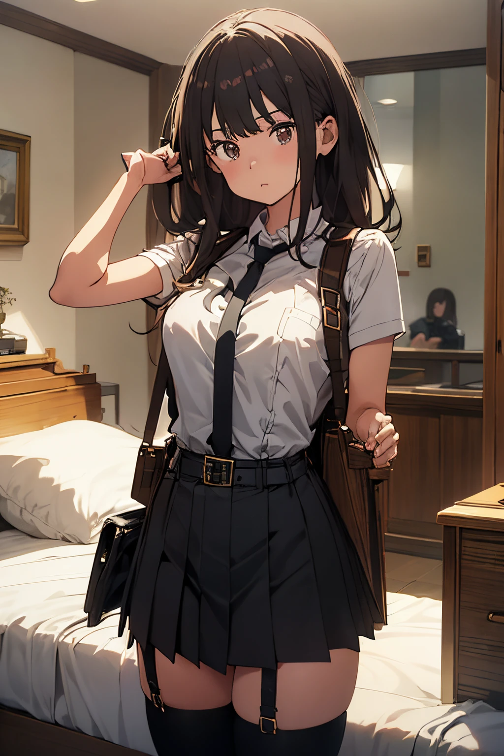 Brown Hair、Looking at the audience　　suspenders　　　bulging big breasts　　 　 　　　　Black mini skirt　ガーターbelt　Knee-high socks　　　　　　sight　　　Small face　bangs 　　　　　beauty　　Show your hand　　 　sight 　Black boots 　Taunt　　　one person 　　　Dress shirt　　Panty shot　Hands Behind Back　put your Hands Behind Back your back　Put your hands behind your back　With your Hands Behind Back your back　Armament　holster　Pistol　belt