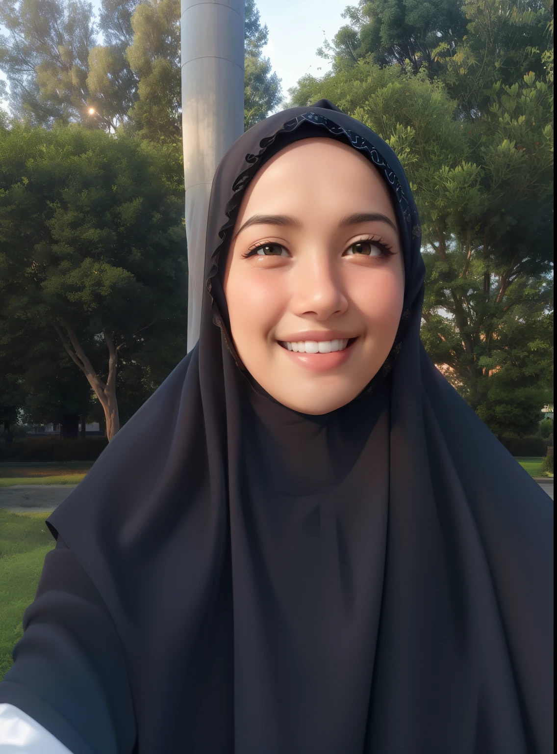 smiling woman in black hijab standing in front of a tree, faridah malik, during sunset, hijab, inspired by Naza, full protrait, inspired by Nazmi Ziya Güran, student, during dawn, at sunrise, taken at golden hour, very slightly smiling, picture, during sunrise, protrait, inspired by Basuki Abdullah, muslim, hannah yata
