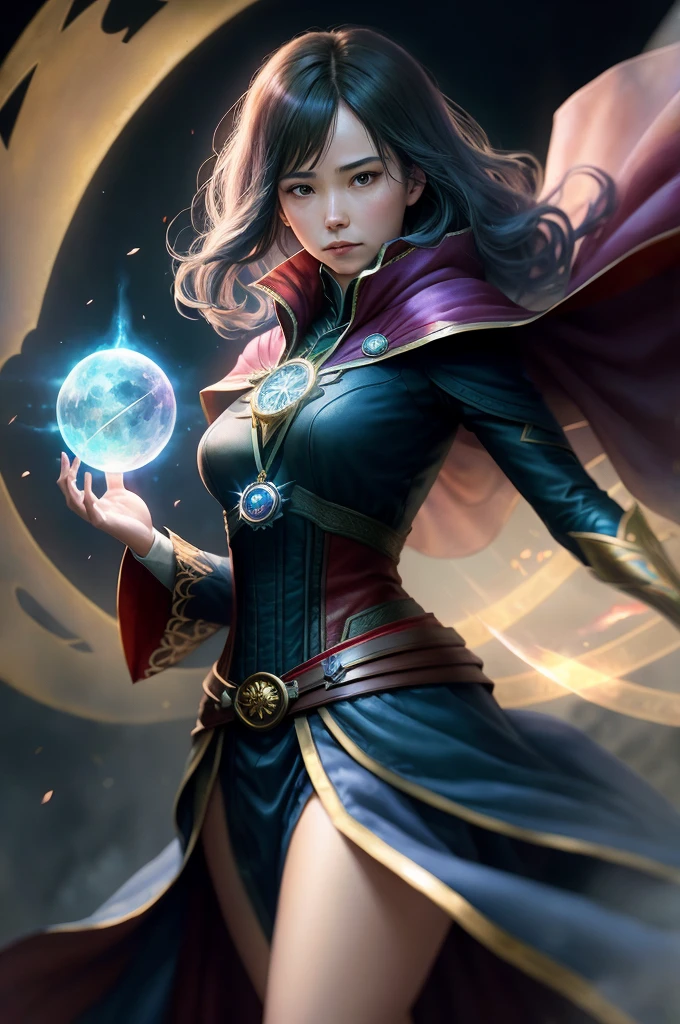 sfw, [fantasy], watercolor illustration, Full Shot, of pretty Eurasian moon princess, holding arcane orb, in astral plane, (fully clothed:1.2), toned physique, perfect large round breasts, toned medium ass, perfect hands and limbs, (detailed skin, diffused skin pores), ethereal, maximum detail, maximum quality, (bloom:0.5), raytracing, specular lighting, shallow depth of field, smooth, cinematic film still from Doctor Strange, [Arcane Fantasy:12]