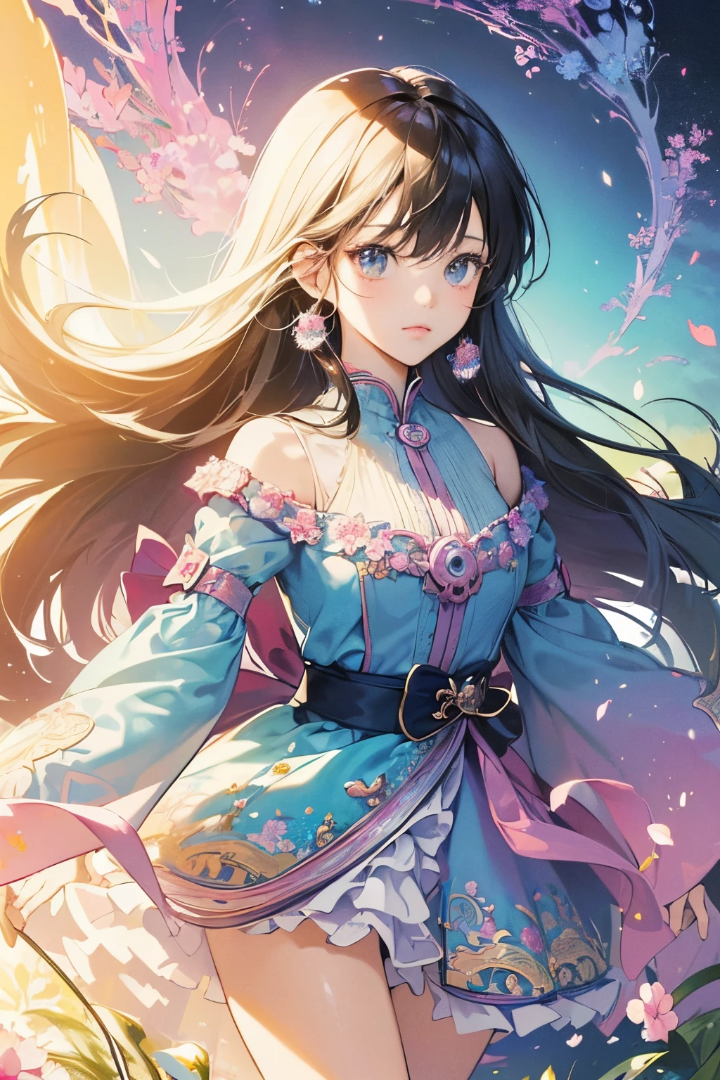 ((Anime style)), ((digital art)), ((painting)), ((illustration)), ((8k high definition CG landscape)), ((anime style)), ((masterpiece)), ( (best artist)), ((1girl))wearing a beautiful floral dress, ((immaculate landscape of mountains)), her long hair blowing in the wind, in a dark light ((dim light)) --auto --s2