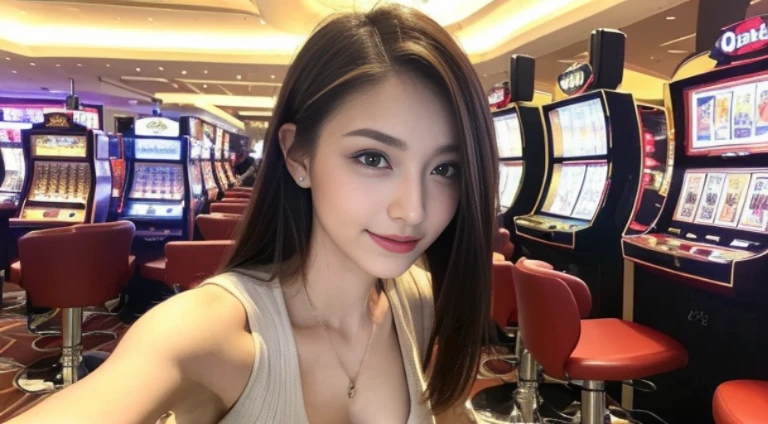 ((beste-Qualit, 10, masterpiece: 1.3)), 1girls, Slim Abs Beauty: 1.3, (Hairstyle Casual, large boobs: 1.2), dress: 1.1, Super Fine Face, delicate eyes, 二重まぶた, smile, (Random background,In casinos,VIP casino room, Modern Casino Console, Modern Slot Machines )