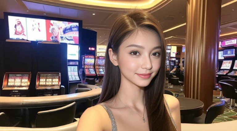 ((beste-Qualit, 10, masterpiece: 1.3)), 1girls, Slim Abs Beauty: 1.3, (Hairstyle Casual, large boobs: 1.2), dress: 1.1, Super Fine Face, delicate eyes, 二重まぶた, smile, (Random background,In casinos,VIP casino room, Modern Casino Console, Modern Slot Machines )