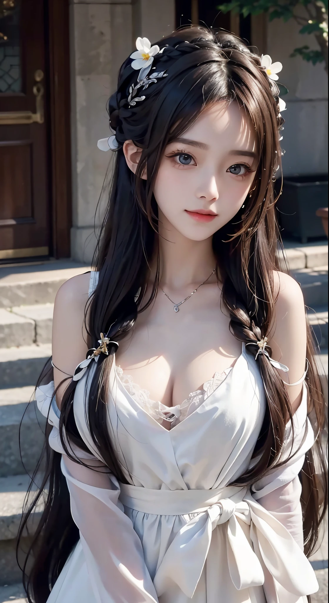 8K Ultra HD, masutepiece, Best Quality, beautiful  Girl, Long hair, Impressive hairstyle, beautiful hair decoration,  girl, ssmile, A sexy, lighting like a movie