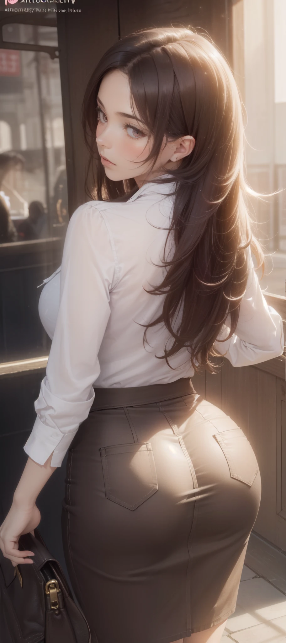 (1girl:1.3), (photorealistic:1.4), (masterpiece, top quality, best quality, official art), extreme detailed, highest detailed, (ultra-detailed), ((an extremely delicate and beautiful)), cinematic light, contemporary, silky long hair, she standing at the station, in evening, shirt, long skirt, (butt crack), upper body, from above, shy, blush, (looking back:1.4),