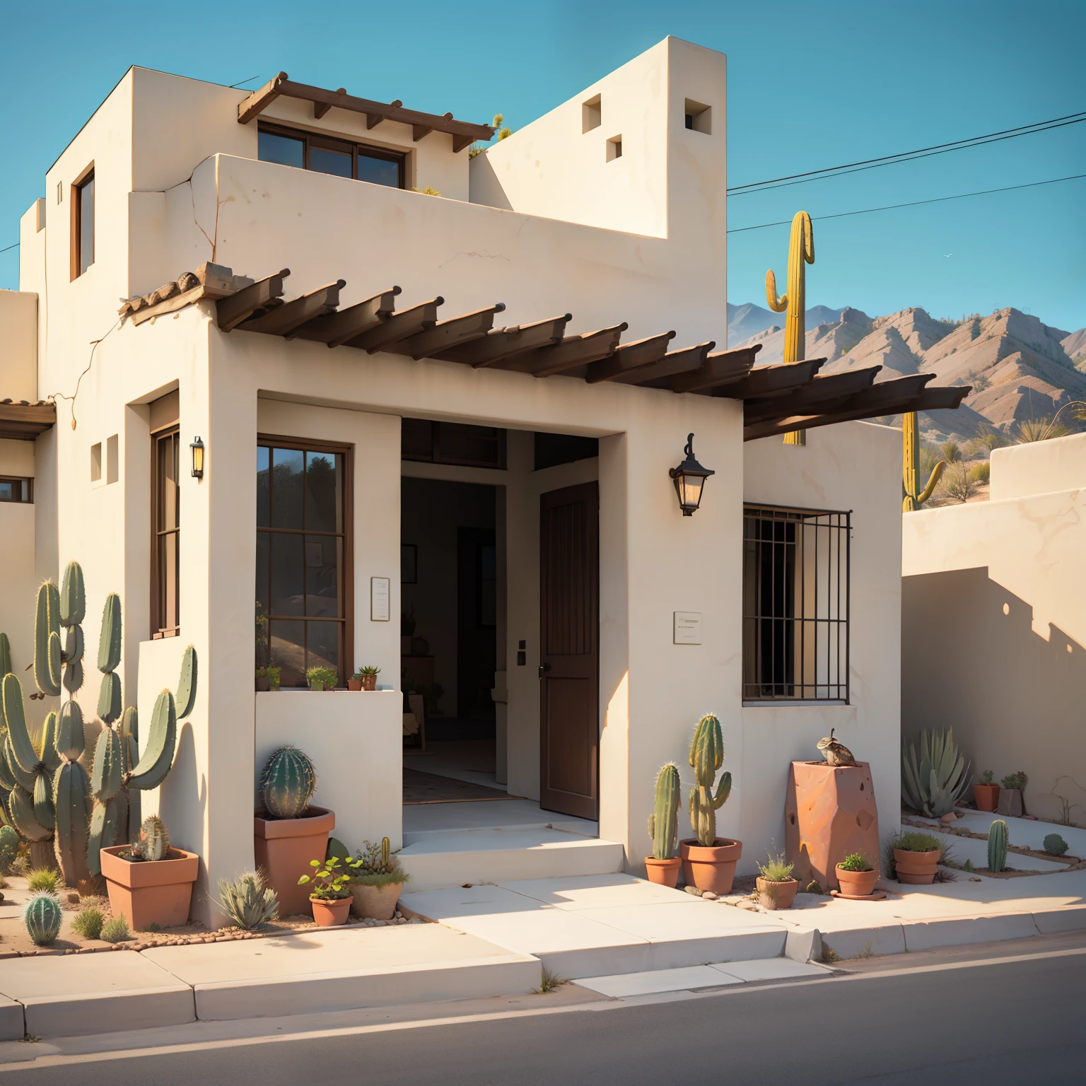 A white stucco house surrounded by saguaros, prickly pears, agaves, and ajo , with a flute player figure (kokopelli) out front l; gila monsters, roadrunners, pygmy owls