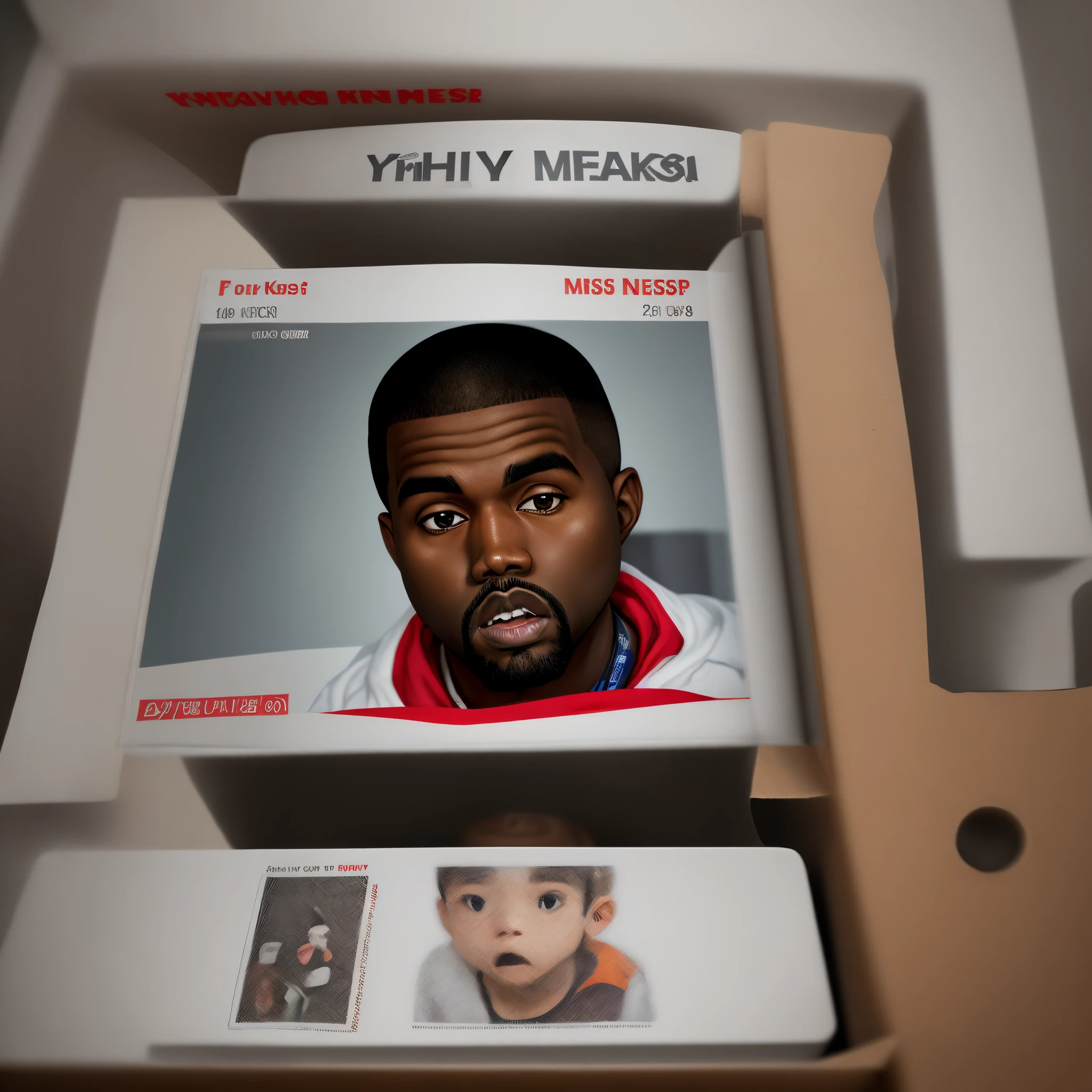 i’d like an image of kanye on a milk carton, like a missing child poster. and i’d like to to say with a red banner “what happened to kanye”. i’d also like him to look frightened