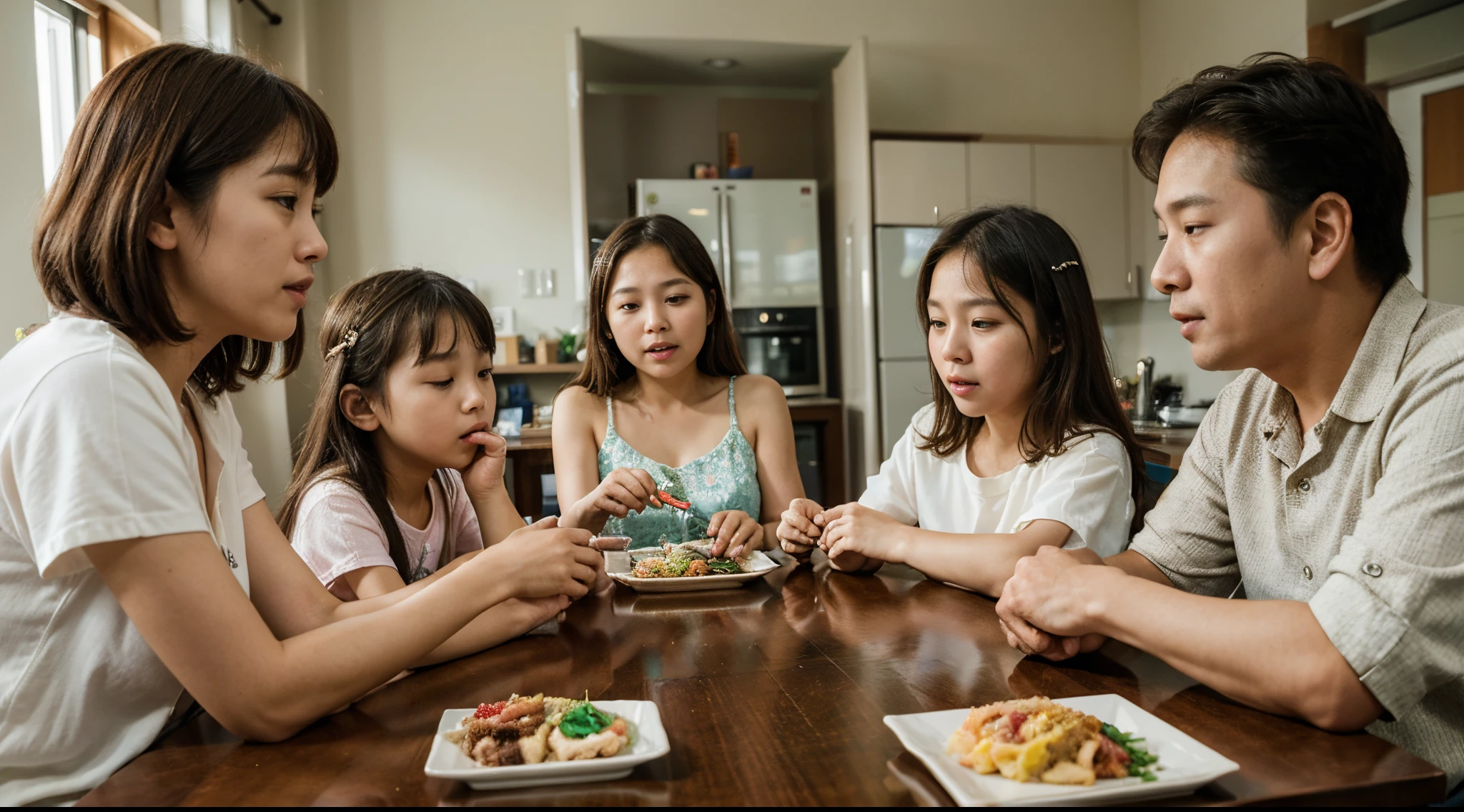 extremely highly detailed、Hight Resolution、Top Quality、masterpiece、majicMnaX Real、(Raw-Photo:1.2)、(Photorealcitic:1.4)、Delicate facial expressions、very detailed expression、delicate detail、Highly detailed facial video lighting、-yeld giand 6-year-old 46-y-old mother and 50-year-old father, family gathered together. family of 4, Mom and Dad, 10-year-old dauger 6-yeald son, South Koreaoreanmily, Asian family, Sitting at the table. Sit at the table, eating