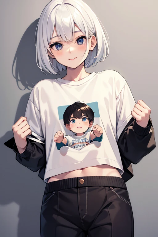 Beautiful Boys、white hair、short-haired、1 piece of pants、tshirts、a baby face、A slight smil、Agra