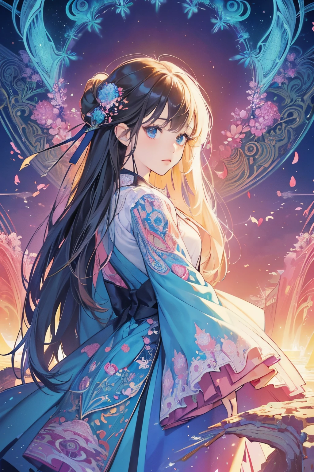 (ultra-detailliert、​masterpiece、top-quality、top-quality、anime illustrated、Official Art、Beautifully Aesthetic:1.2)、2D Beautiful Girl、(1girl in:1.3)、(Fractal art:1.3)、