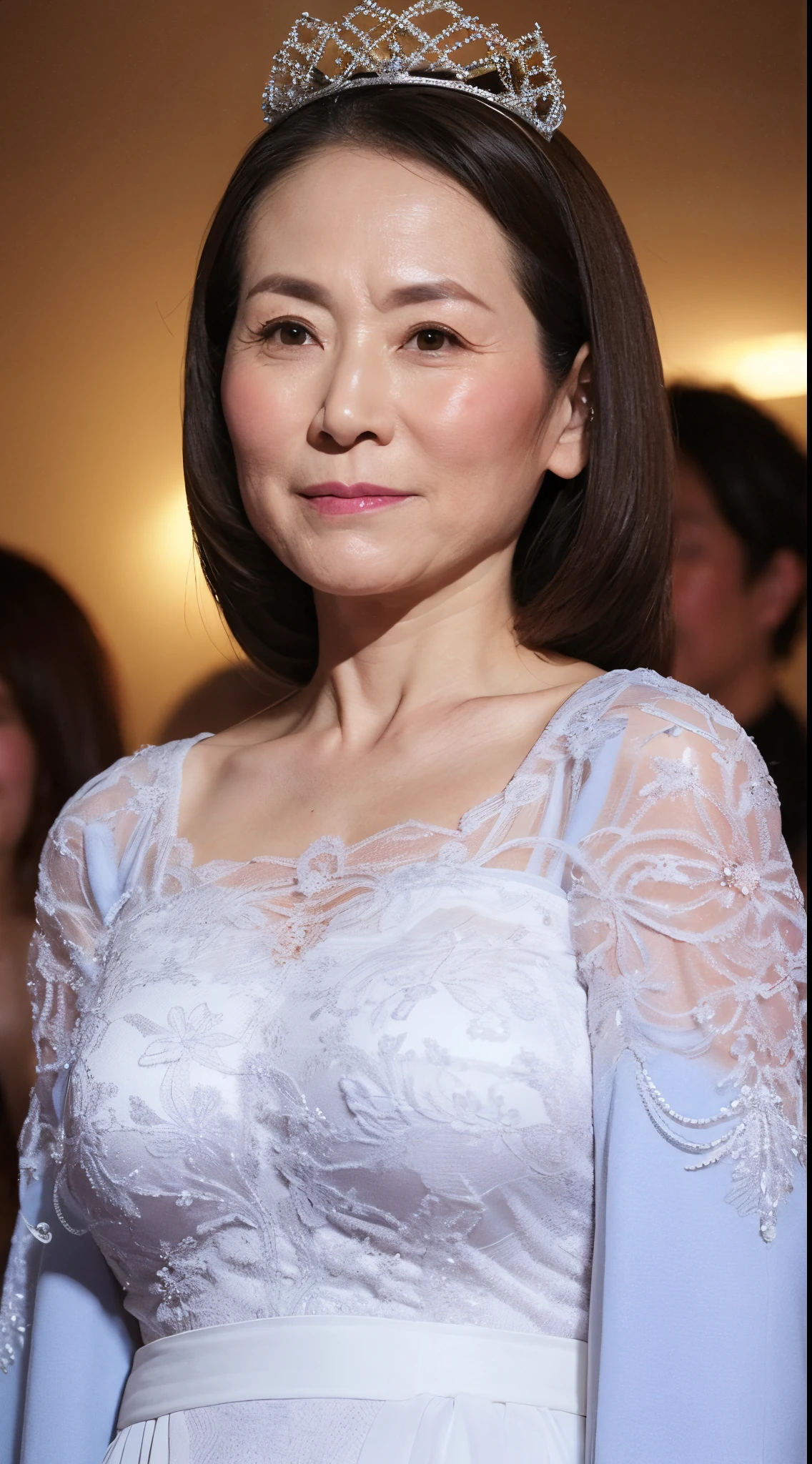 ((Highest quality, 8k, Ultra-high resolution)), ((masterpiece: 1.3)), (Perfect appearance), (Photorealism: 1.6), (1人のJapanese Mature), (60 years old, Japanese Mature), (A Japanese woman standing on a balcony looking at the night view: 1.6), (Woman profile: 1.4), (profile: 1.4), (Late Night: 1.2), ((Woman standing at the edge of the screen: 1.6)), (Stand with your elbows on the railing: 1.2), ((Realistic skin texture)), (Fine wrinkles appear all over the skin, Dullness, Unmoisturized skin, Wrinkles around the eyes, double eyelid, Lower eyelid tear sulcus, Crying Mole, Dimples), Slightly parted lips, (Short bangs), (Party Hair Set: 1.2), (A dress with a loose draped neckline), (deep neckline dress: 1.4), (A dress with a loose fit: 1.4), (long dress in white silk: 1.6), (Bust-up portrait: 1.4),