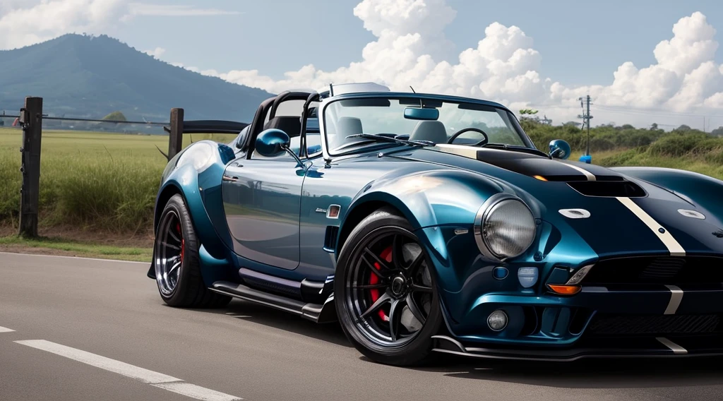 Uma image of Shelby Cobra X-Tesla, A sports car that combines the aggressiveness of the legendary Shelby Cobra with Tesla's innovative technology. The image should highlight the Cobra's aerodynamic lines, Modern Tesla Combo, Lighting and elegant design details. O carro deve ser retratado em parado, bali lindo foundation com. The color of the car should be black,And the headlights are blue