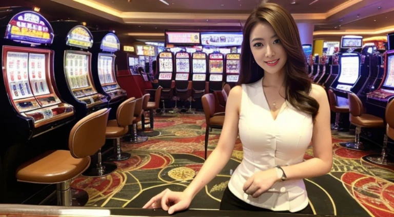 ((beste-Qualit, 10, masterpiece: 1.3)), 1girls, Slim Abs Beauty: 1.3, (Hairstyle Casual, large boobs: 1.2), dress: 1.1, Super Fine Face, delicate eyes, 二重まぶた, smile, (Random modality,Play Slot Machines),(Random background,In casinos,VIP casino room, Modern Casino Console, Modern Slot Machines )