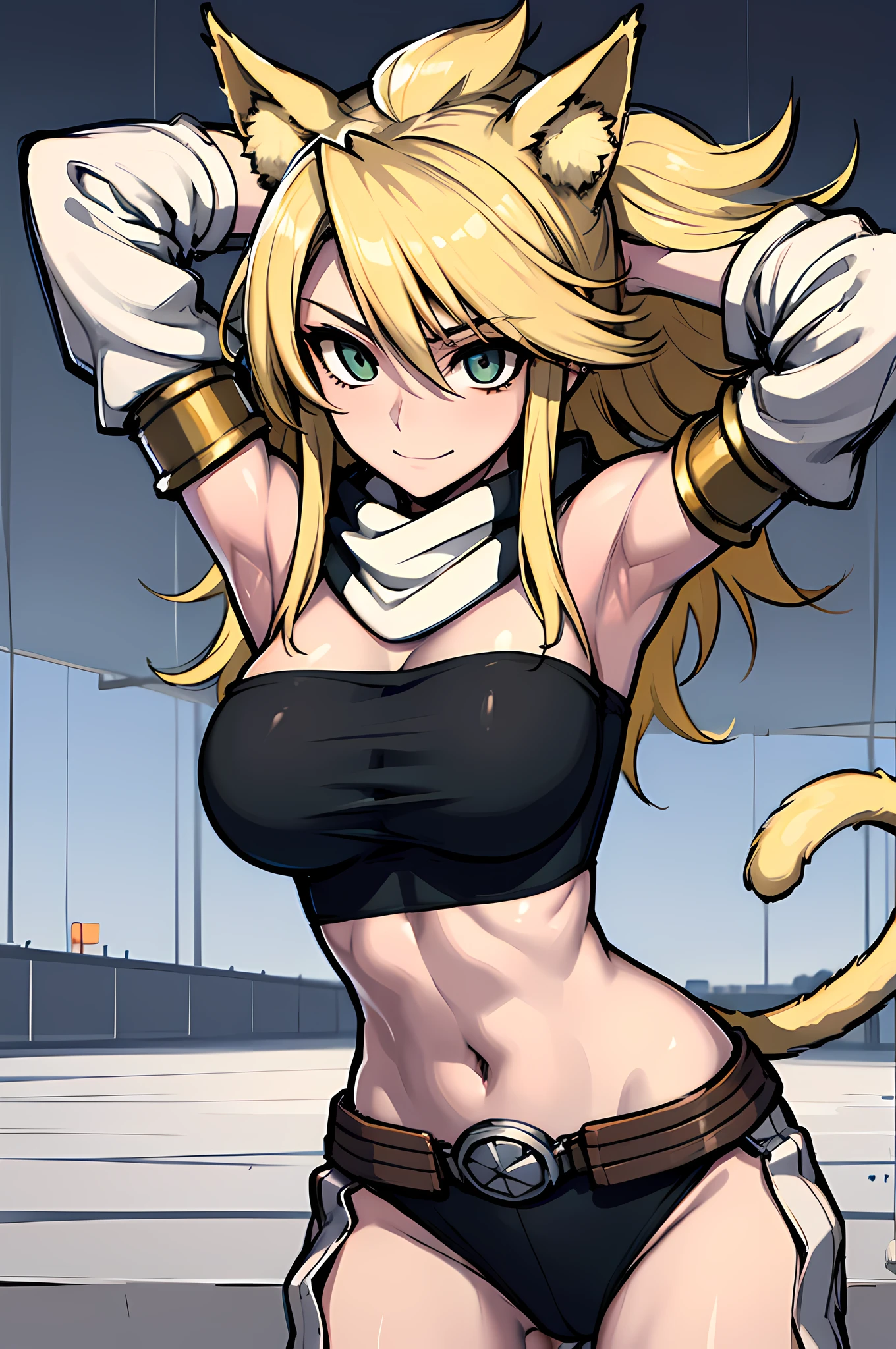 (absurdres, 8k, 4k, masterpiece, hyper extreme detailed:1.2), solo, front view portrait, best quality, portrait, solo, adult, cowboyshot, perfect anatomy, 1girl, perfect face, expressive eyes, perfect eyes, (masterpiece, best quality:1.2), leone, smile, arms behind head, blonde hair, cat ears, strapless, detached sleeves, boots, scarf, belt, tail, midriff, large breasts, hands behind head, sarcastic, friendly, snarky, toned, muscular, athletic, dynamic pose, perfect face, belt, wind, windy hair, moving hair, moving clothes, flowing, messy hair, very long hair,