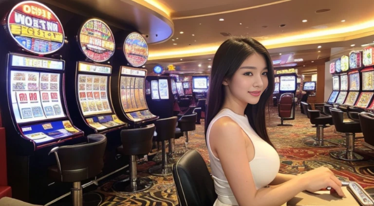 ((beste-Qualit, 10, masterpiece: 1.3)), 1girls, Slim Abs Beauty: 1.3, (Hairstyle Casual, large boobs: 1.2), dress: 1.1, Super Fine Face, delicate eyes, 二重まぶた, smile, There is a sign on the chest that says:::: "369",(Play Slot Machines,PG slot games),(Random background,In casinos,VIP casino room, Modern Casino Console, Modern Slot Machines )