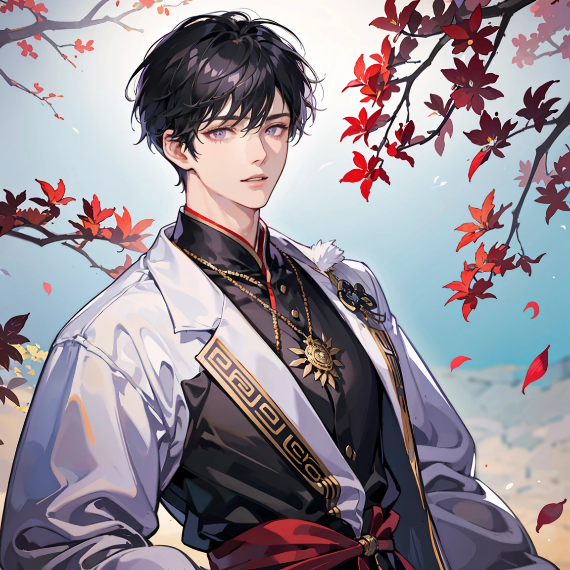 1boy, solo, short hair, black hair, side swept bangs, purple eyes, fashionable, (mature male, mature:0.7), (pixiv:1.4), handsome, hair between eyes, sharp eyes, male focus, high quality, vibrant, east asian clothes, cultural motif, autumn leaves