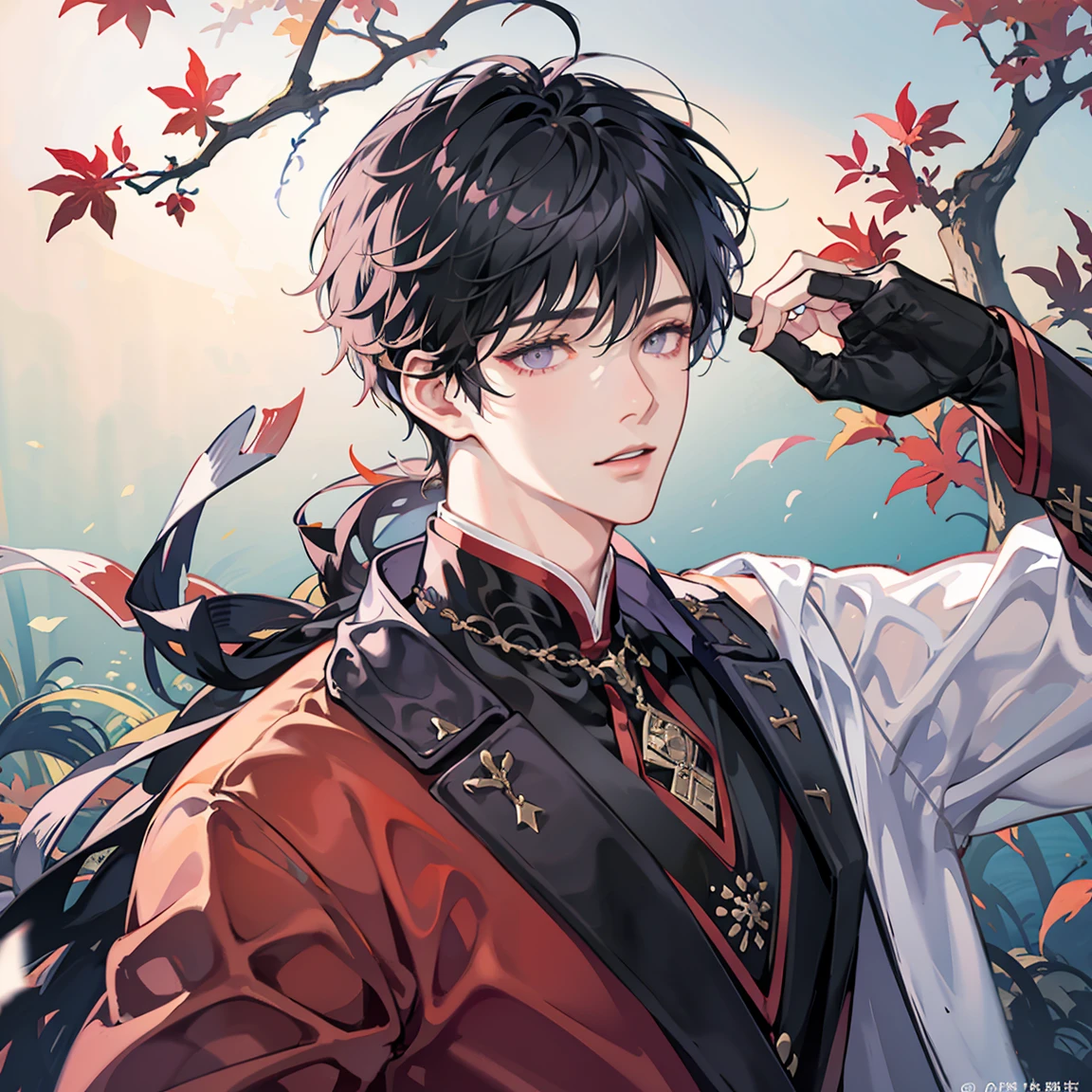 1boy, solo, short hair, black hair, side swept bangs, purple eyes, fashionable, (mature male, mature:0.7), (pixiv:1.4), handsome, hair between eyes, sharp eyes, male focus, high quality, vibrant, east asian clothes, cultural motif, autumn leaves