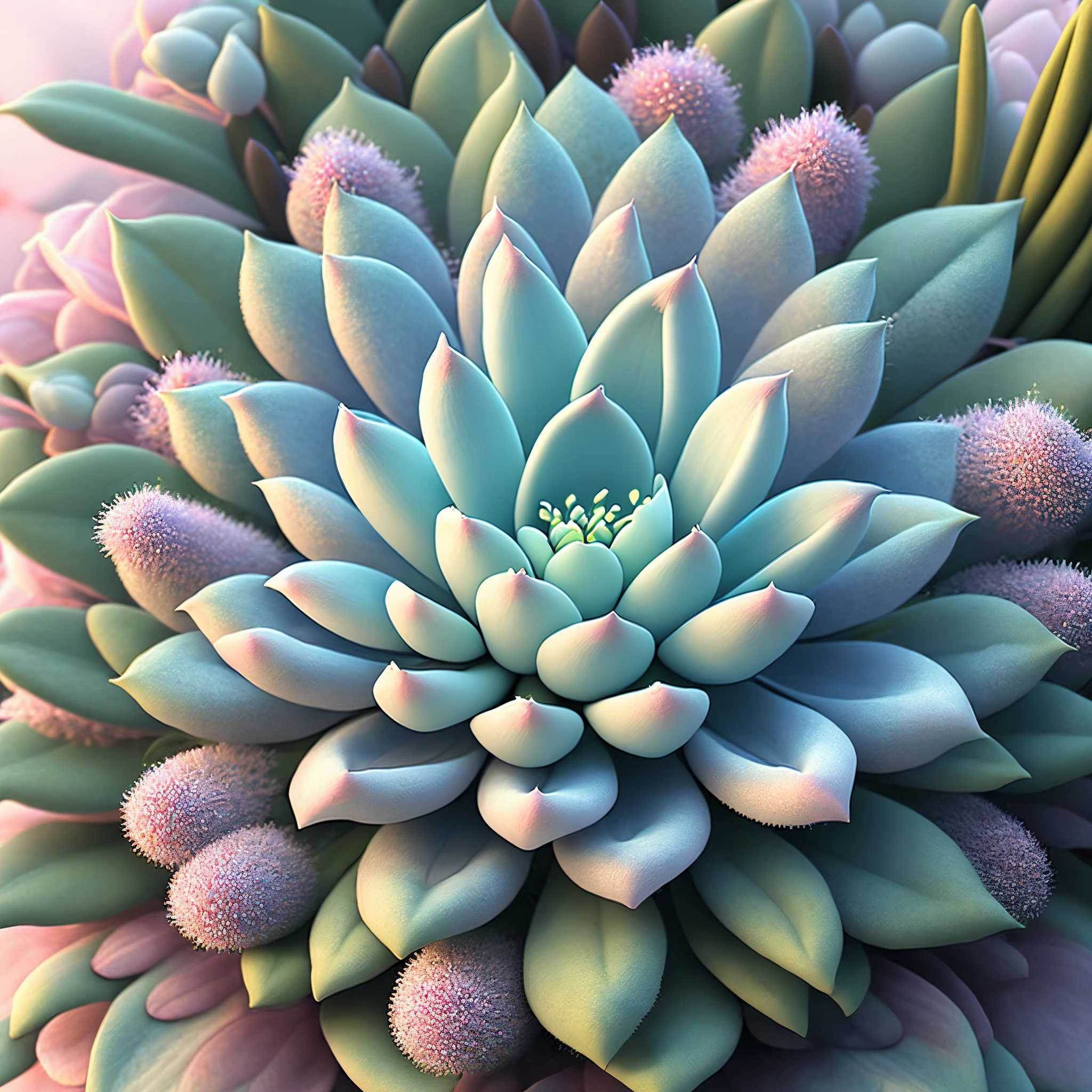 In this ultra-detailed CG art, Charming ACTEPHILA succulent surrounded by ethereal flowers, beste-Qualit, highest resolution, intricate detials, fantas, cute succulents