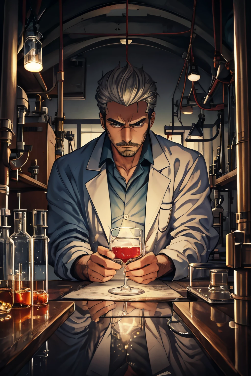 Arafed Man in a laboratory holding a glass with a liquid inside, he is in a alchemist lab, Mad scientist at work, portrait of a rat mad scientist, Poetic sequence in MR. Limpio, Experimento de laboratorio ruso, Elite scientist, Retrato de un hidromante masculino, scientific, in an underground laboratory, Chico zorro con bata de laboratorio, molecular