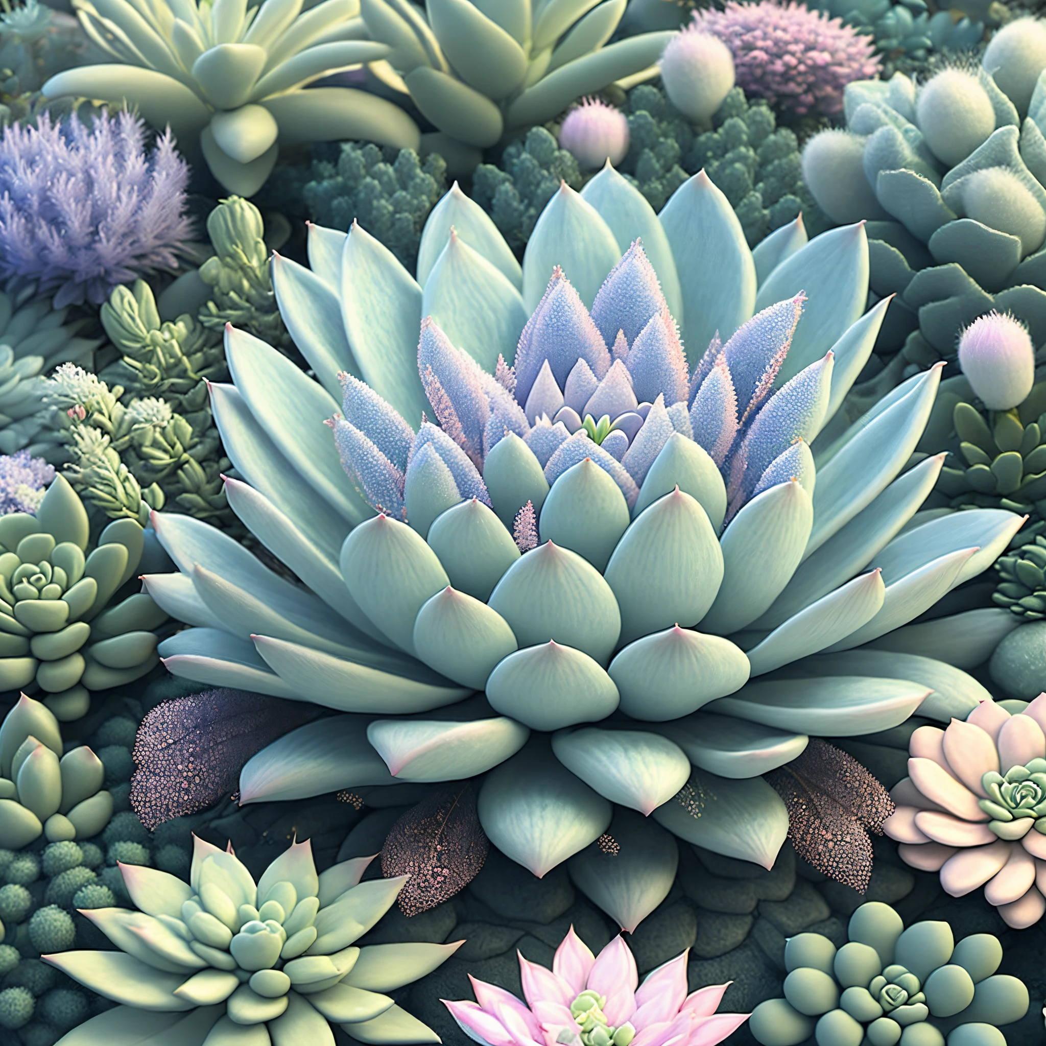 In this ultra-detailed CG art, Charming ACTEPHILA succulent surrounded by ethereal flowers, beste-Qualit, highest resolution, intricate detials, fantas, cute succulents