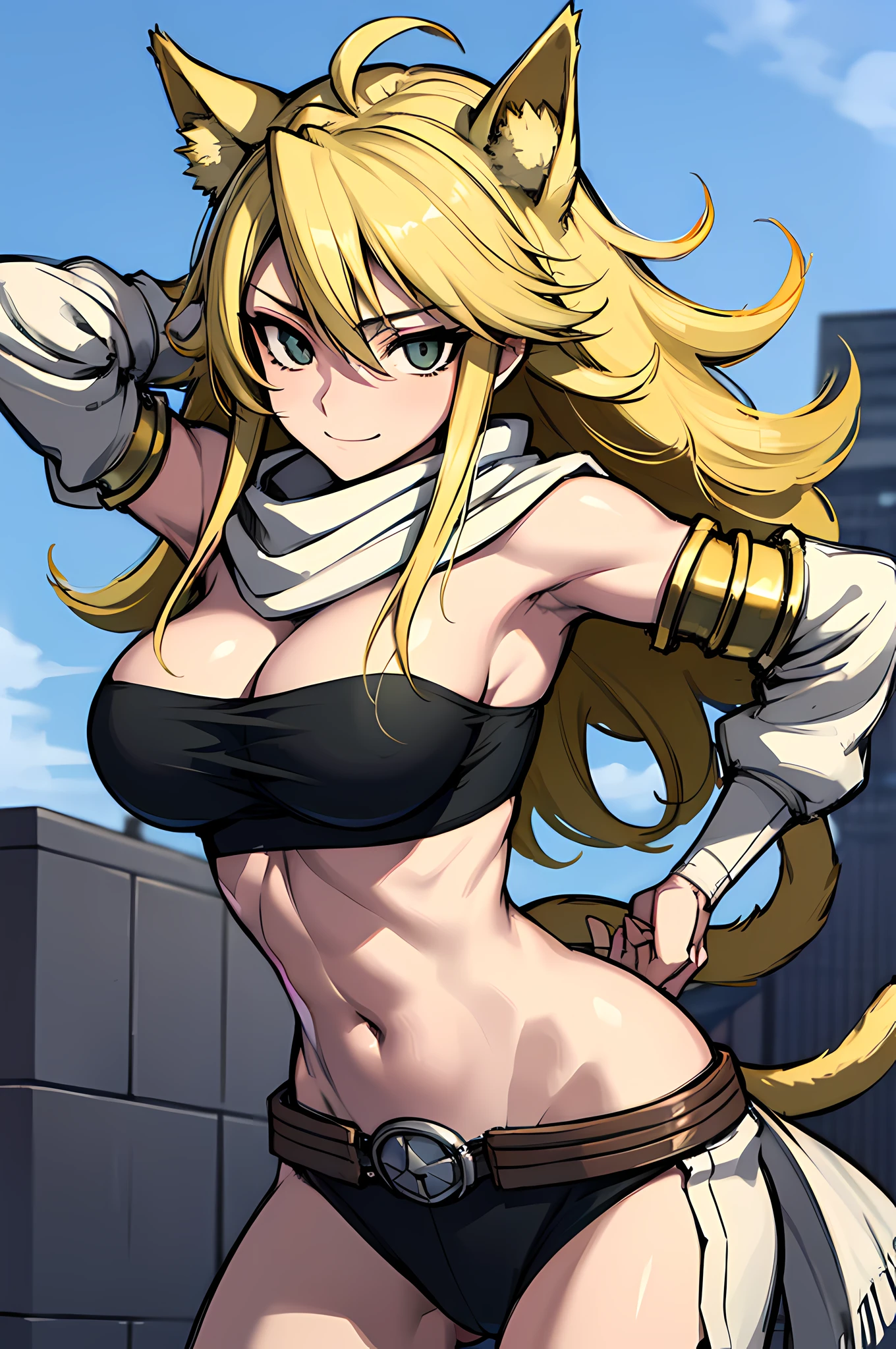 (absurdres, 8k, 4k, masterpiece, hyper extreme detailed:1.2), solo, front view portrait, best quality, portrait, solo, adult, cowboyshot, perfect anatomy, 1girl, perfect face, expressive eyes, perfect eyes, (masterpiece, best quality:1.2), leone, smile, arms behind head, blonde hair, cat ears, strapless, detached sleeves, scarf, belt, tail, midriff, large breasts, hands behind head, sarcastic, friendly, snarky, toned, muscular, athletic, dynamic pose, perfect face, belt, wind, windy hair, moving hair, moving clothes, flowing, messy hair, very long hair, closed mouth, hand to hip,