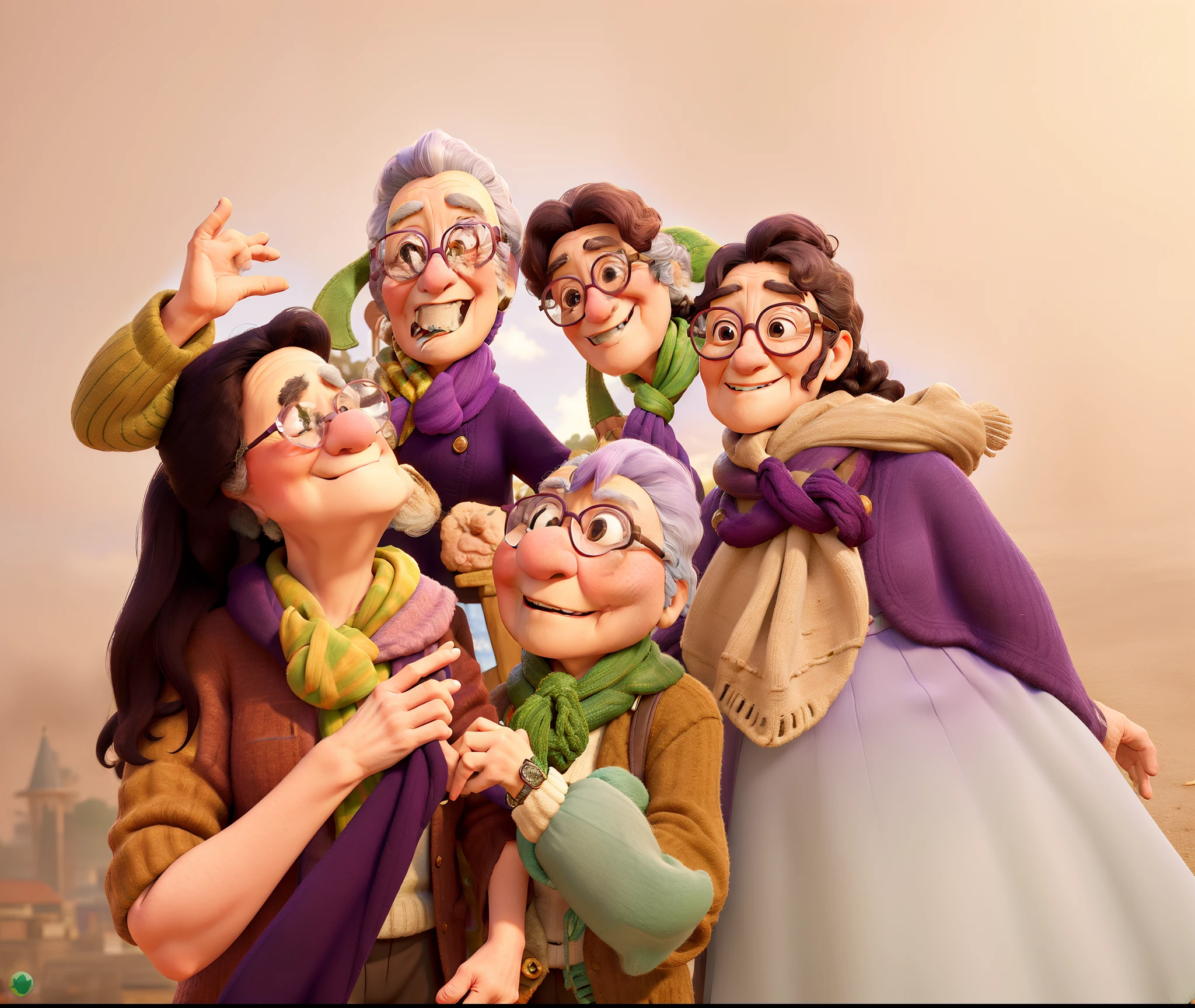 masterpiece, best quality, an old woman with glasses and a scarf on, wearing a purple coat and green scarf, standing at the park