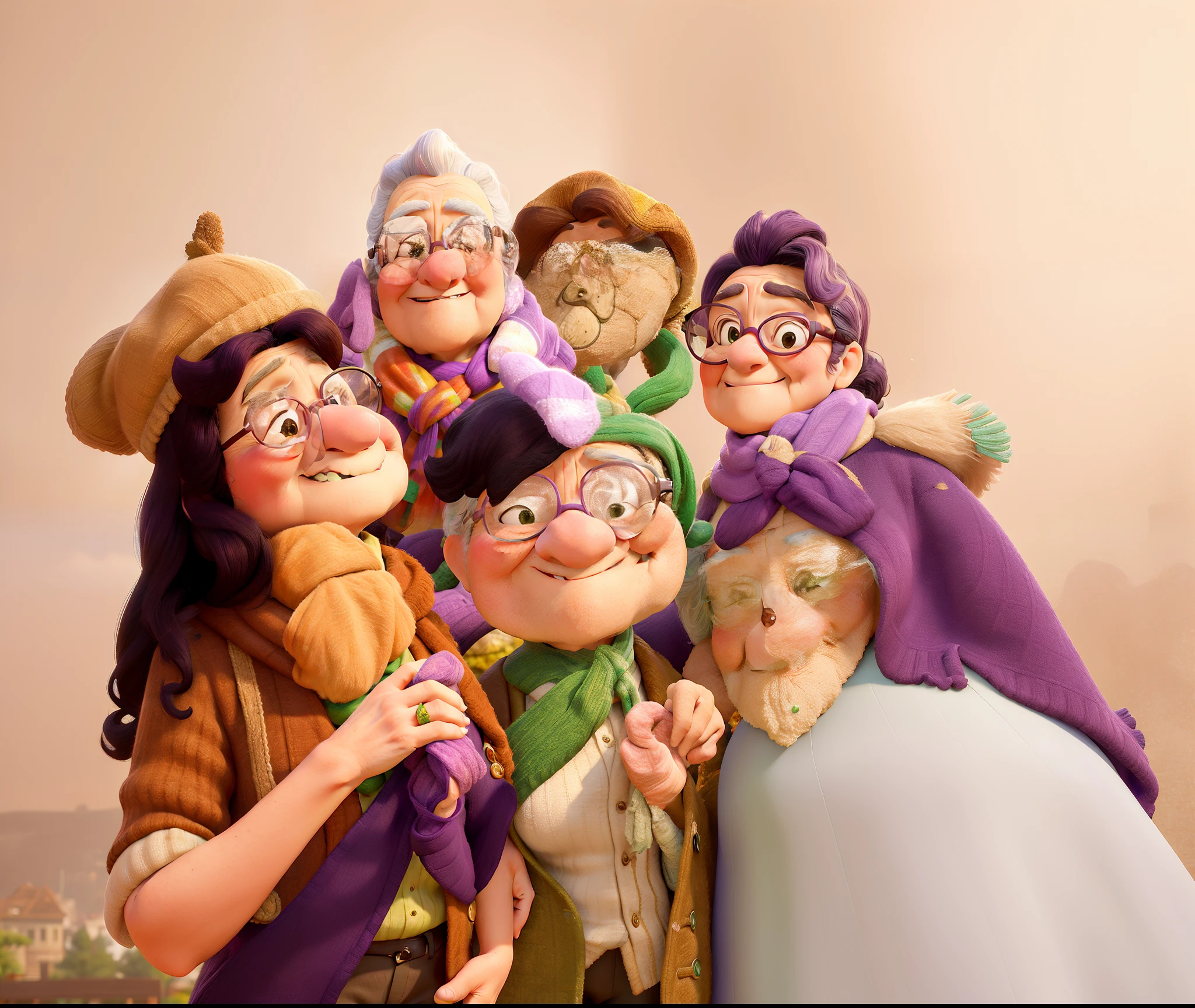 masterpiece, best quality, an old woman with glasses and a scarf on, wearing a purple coat and green scarf, standing at the park