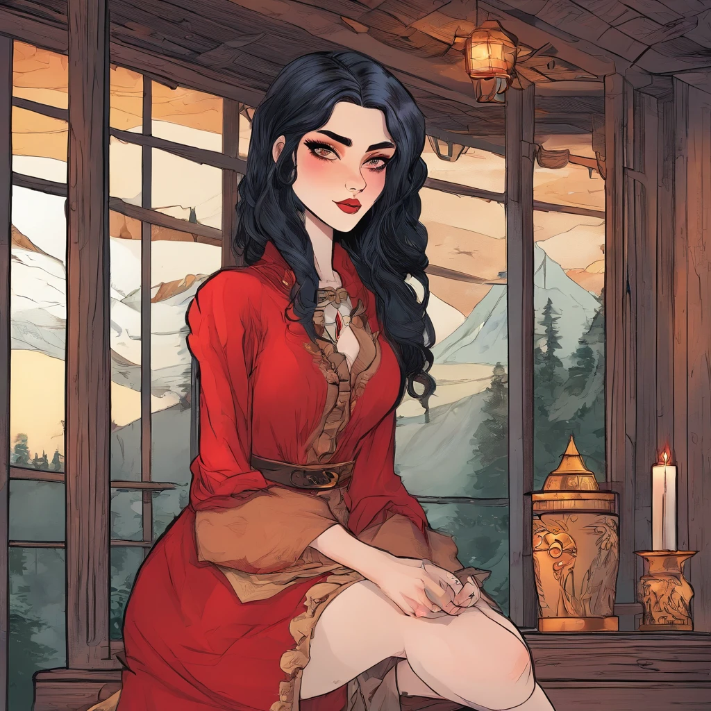 Elf girl with red eyes, light skin/pale, black hair, gothic style clothing, in a calm environment like a comfy cabin