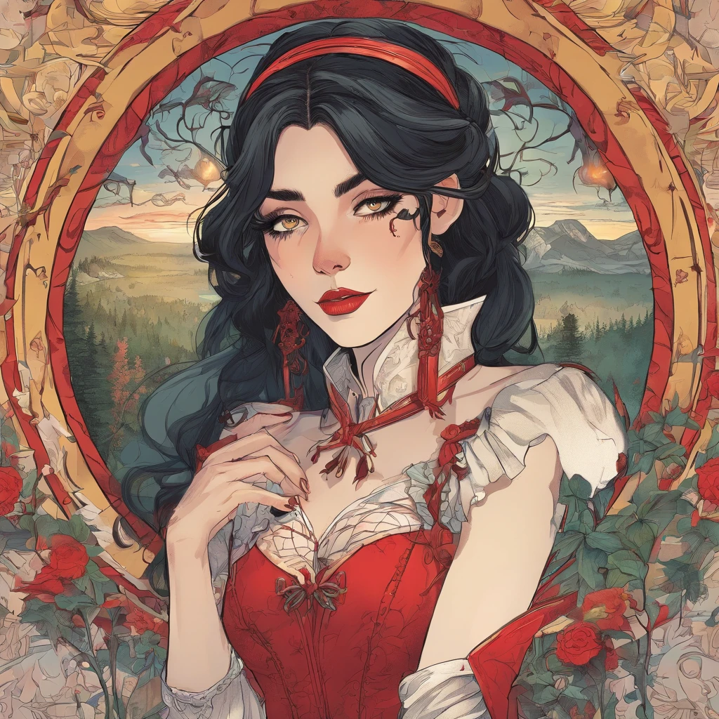 Elf girl with red eyes, light skin/pale, black hair, gothic style clothing, in a calm environment like a comfy cabin