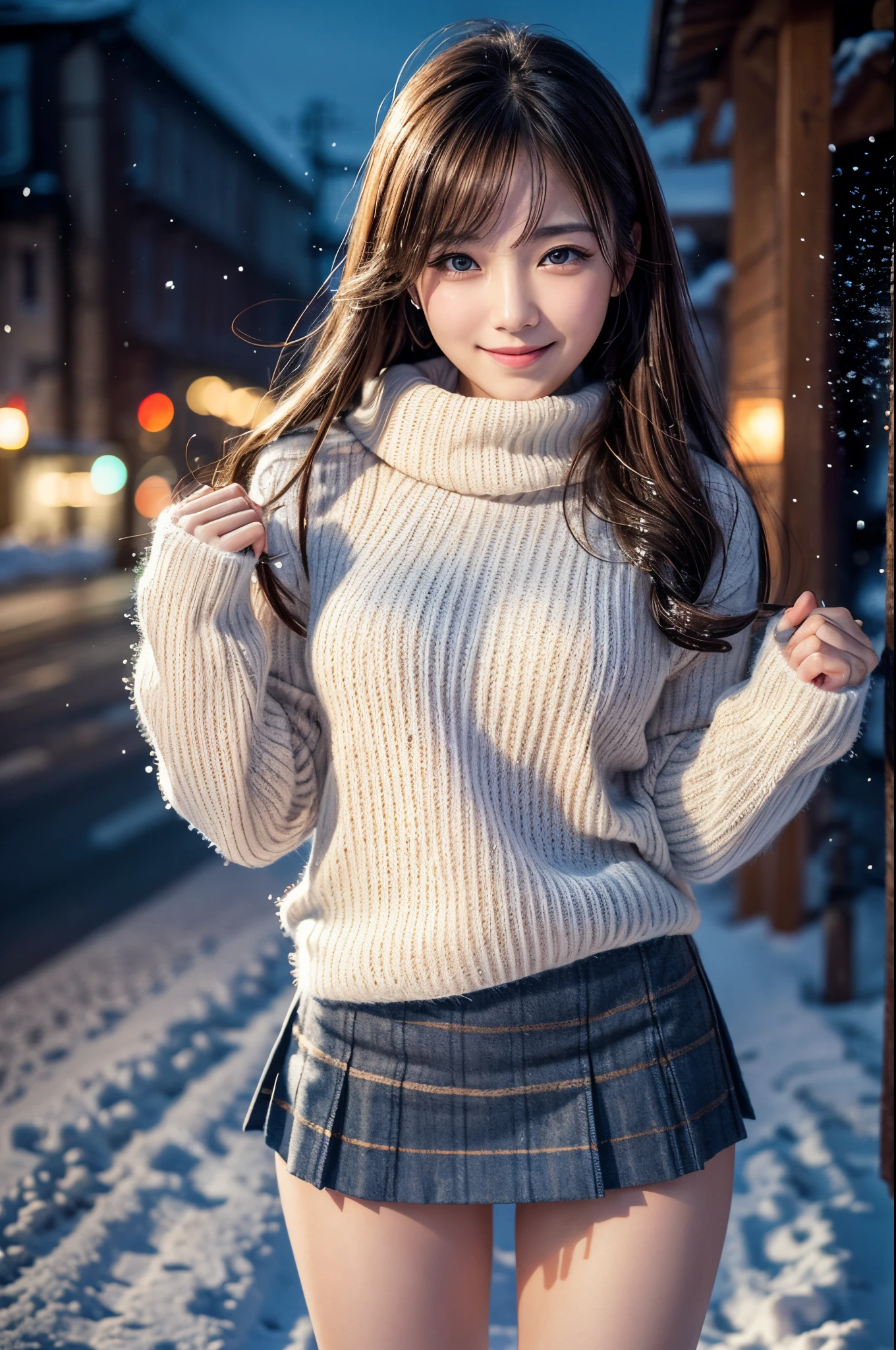 (masutepiece:1.3, Photorealsitic:1.4, 8K), top-quality, masterpiece, 超A high resolution, Perfect dynamic composition, Highly detailed skin and facial texture:1.3, A detailed eye, Detailed limbs, Winters, (snowflakes falling:1.2), Snowfall landscape at night:1.2, 1girl in, Cute sexy 17 year old slim woman, Fair skin, (Snow fell on my body and clothes:1.2), ((A smile:0.9, Totally captivates you:1.0)), (Thick short jacket over long sleeve mohair knit sweater:1.3, Tweed Mini Skirt:1.1), ((voluptuous breasts:1.05)), Short boots, (Facing the front, Frolic Pose), (Beautiful blue eyes, Eyes that feel beautiful eros:0.85), Sexy face:0.4, (A mouthfeel that feels beautiful eros:0.85), ((Too cute beauty:0.9))