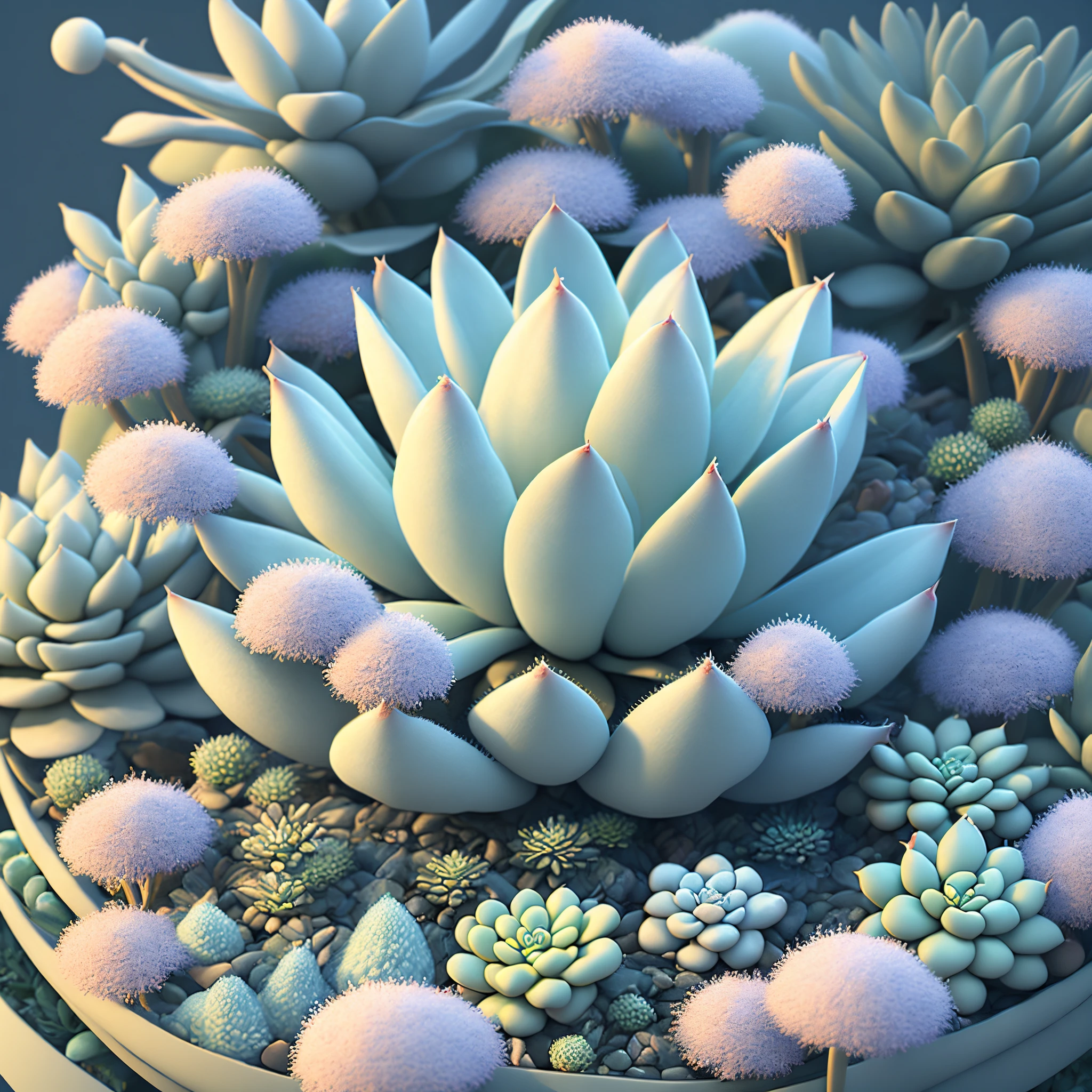 In this ultra-detailed CG art, Charming ACTEPHILA succulent surrounded by ethereal flowers, beste-Qualit, highest resolution, intricate detials, fantas, cute succulents