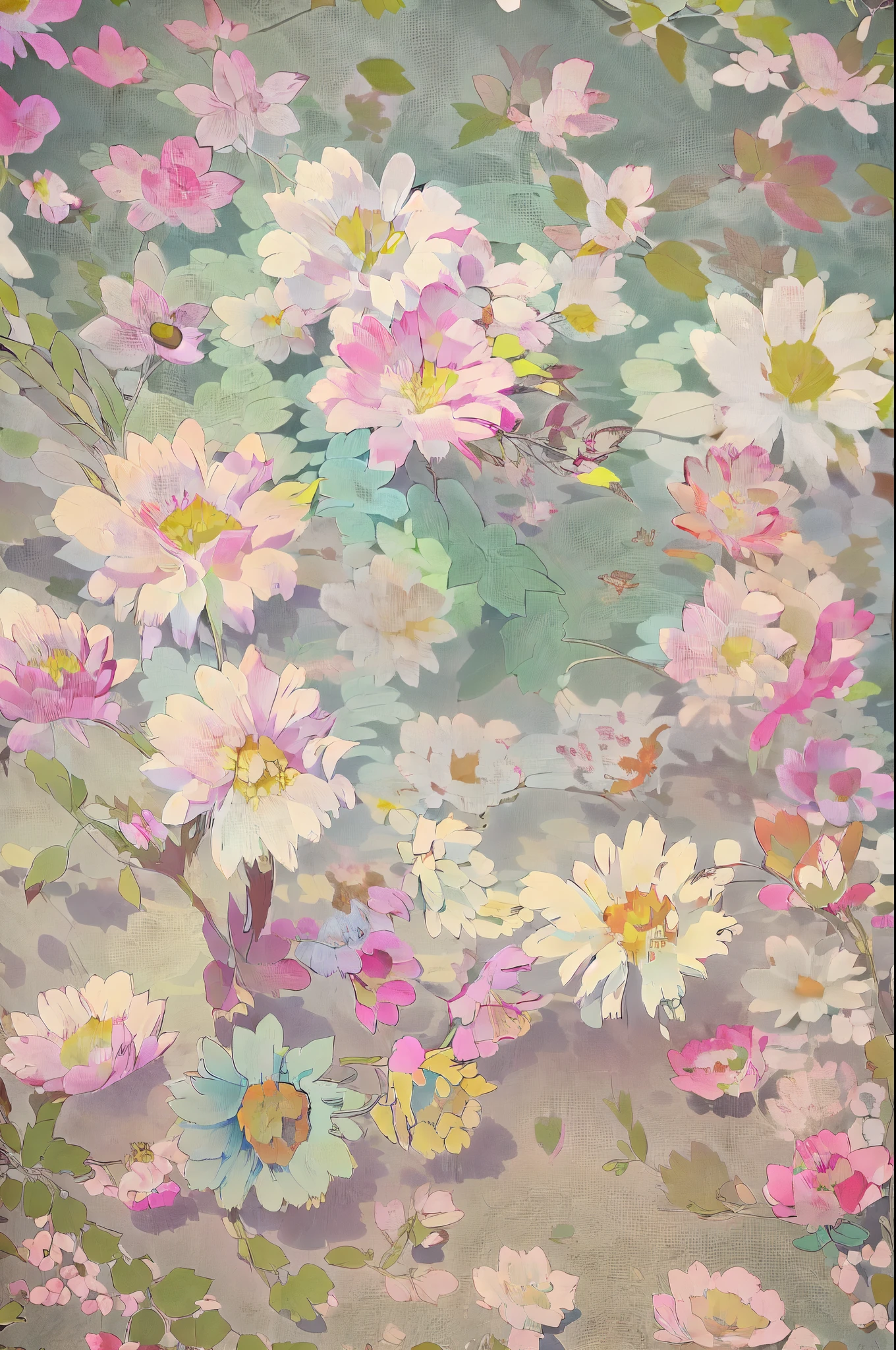 Beautiful flowers scattered across the frame, random pastel colored flowers, simple plain background, simple design