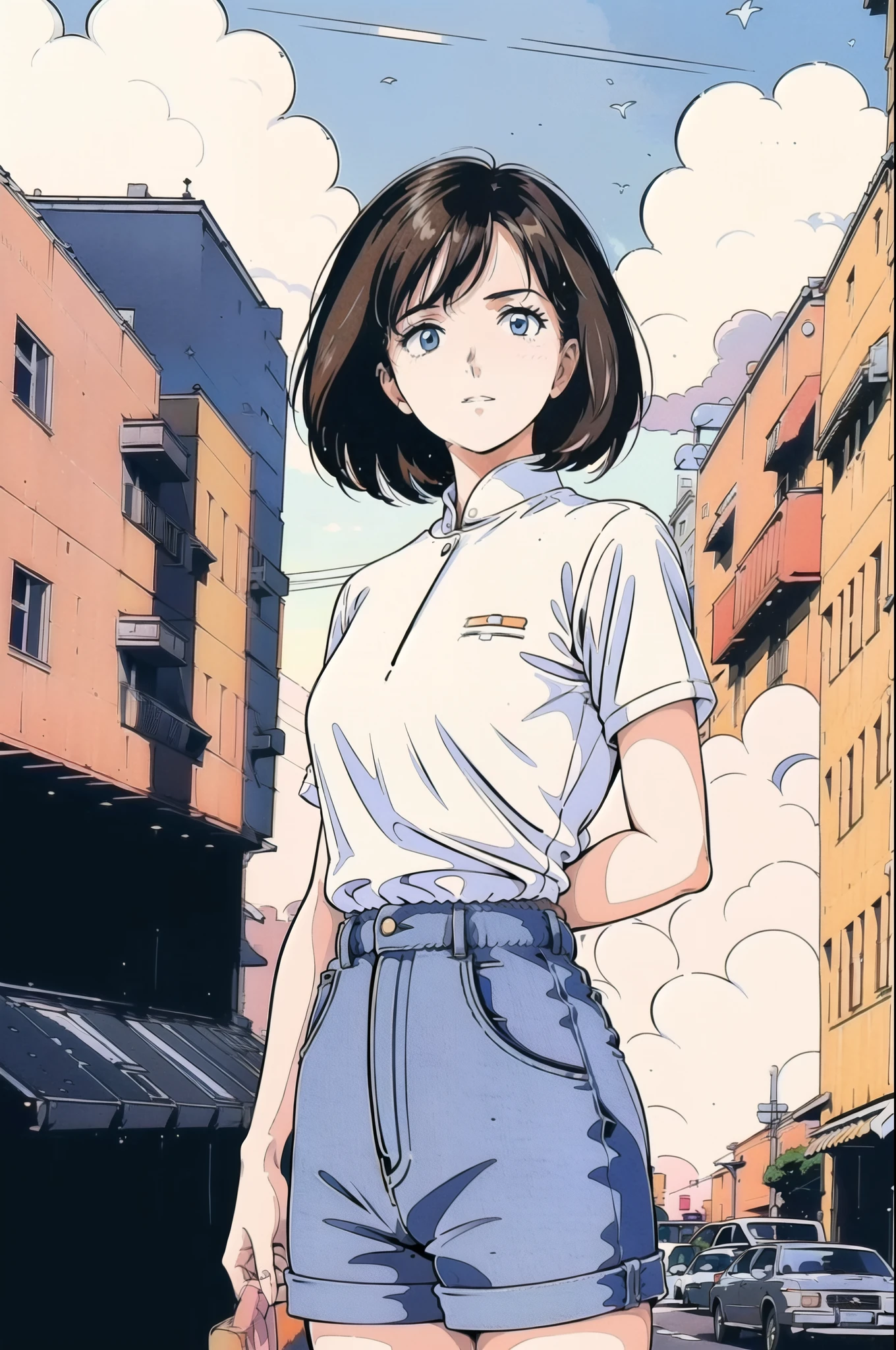 ((1980s_style)), 1girl, upper body, black short hair, white shirt, denim shorts, standing, (outdoors, cityscape, buildings, streets, blue sky, clouds), (cowboy shot),(masterpiece, high quality, best quality), (colorful),(delicate eyes and face), volumatic light, ray tracing, extremely detailed CG unity 8k wallpaper,solo,